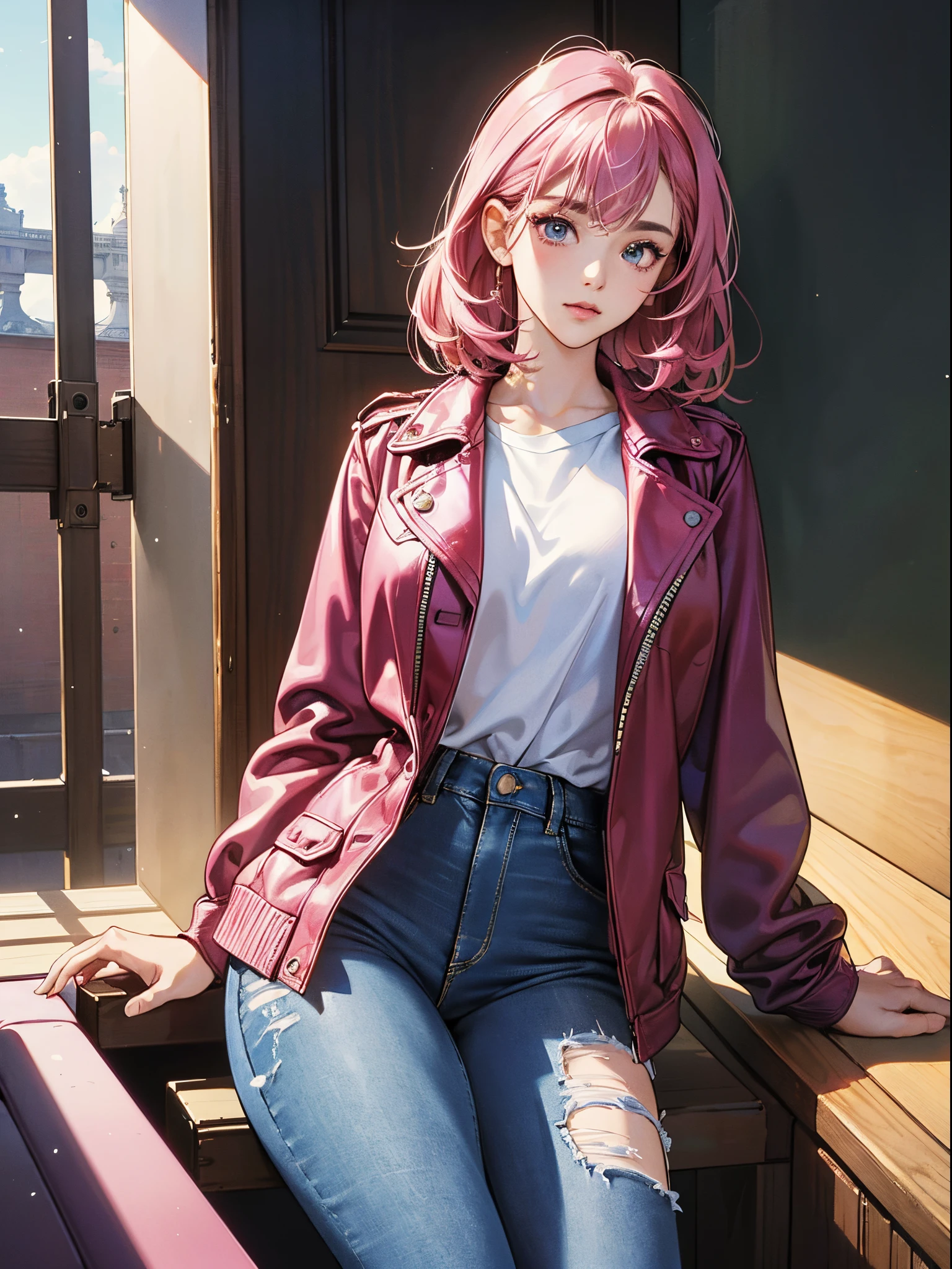 magenta keynote、Vibrant colors、((masterpiece)))、(((top-quality)))、((ultra-detailliert))、(A hyper-realistic)、(highly detailed CGillustration)、Official art、CD cover、It will be、Mid summer、Stylish、glorious 1980s、Cool Beauty、cochetti gorgeous、matchless beauty、leather jackets、jeans、Female Solo、Perfect Angle、perfect-composition、