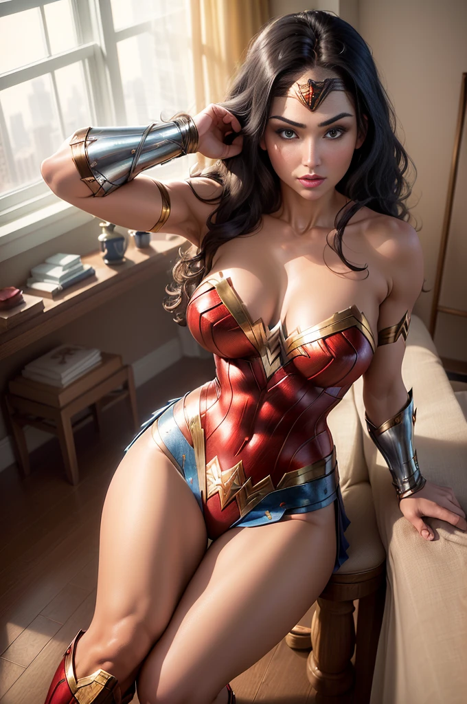 (Masterpiece, high resolucion, Realistis:1.4), (It depicts a stunning Wonder Woman leaning against a window on the top floor of the building:1.3), (Her face was basking in the warm sunshine, With the wind, She gently shook her flowing dark hair:1.2), (Her eyes are an alluring blue, It sparkles intensely:1.4), (Her flawless skin-radiating beauty:1.3), (Her body exudes charm and perfection, wearing a wonder woman costume:1.2), tiara, red and gold bustier, blue leotard with white stars, silver bracelets, (Red knee high boots:1.2), golden belt, (Wonder Woman clothing:1.0), bare shoulder, ((light tan skin: 1.4)), mature, Sexy, elastic muscles, (Muscular: 1.2), ((strong and healthy body)), (((the more) Muscular))), cleavage, Long leg, curved, rib, thin-waist, soft waist, (fine detailed skin), (beautiful and sexy woman), (swollen lips: 0.9), (eyeslashes: 1.2), very delicate muscles, (Canon EOS R5 Mirrorless Camera:1.3), (Pairing with Canon RF 85mm f/1.2L USM lens:1.3), (Capture every detail of her captivating presence:1.2), (Hotel room settings with panoramic cityscapes:1.3), (Floor-to-ceiling windows let in plenty of natural light.:1.2), (silky, The modern interior design adds to the charm:1.1), (Enchanting photo of a model with the most symmetrical and beautiful face in the world:1.4)