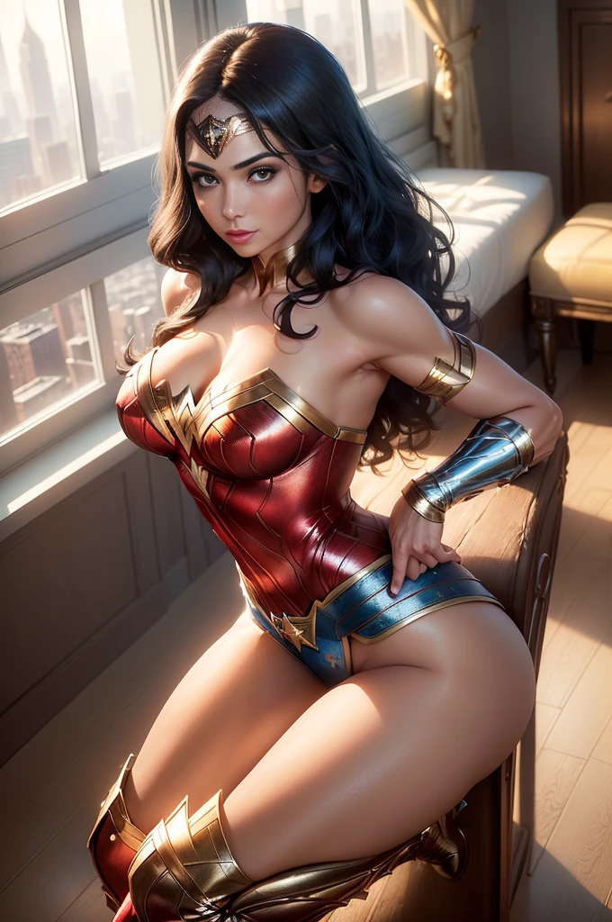(Masterpiece, high resolucion, Realistis:1.4), (It depicts a stunning Wonder Woman leaning against a window on the top floor of the building:1.3), (Her face was basking in the warm sunshine, With the wind, She gently shook her flowing dark hair:1.2), (Her eyes are an alluring blue, It sparkles intensely:1.4), (Her flawless skin-radiating beauty:1.3), (Her body exudes charm and perfection, wearing a wonder woman costume:1.2), tiara, red and gold bustier, blue leotard with white stars, silver bracelets, (Red knee high boots:1.2), golden belt, (Wonder Woman clothing:1.0), bare shoulder, ((light tan skin: 1.4)), mature, Sexy, elastic muscles, (Muscular: 1.2), ((strong and healthy body)), (((the more) Muscular))), cleavage, Long leg, curved, rib, thin-waist, soft waist, (fine detailed skin), (beautiful and sexy woman), (swollen lips: 0.9), (eyeslashes: 1.2), very delicate muscles, (Canon EOS R5 Mirrorless Camera:1.3), (Pairing with Canon RF 85mm f/1.2L USM lens:1.3), (Capture every detail of her captivating presence:1.2), (Hotel room settings with panoramic cityscapes:1.3), (Floor-to-ceiling windows let in plenty of natural light.:1.2), (silky, The modern interior design adds to the charm:1.1), (Enchanting photo of a model with the most symmetrical and beautiful face in the world:1.4)
