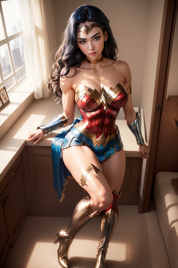 (Masterpiece, high resolucion, Realistis:1.4), (It depicts a stunning Wonder Woman leaning against a window on the top floor of the building:1.3), (Her face was basking in the warm sunshine, With the wind, She gently shook her flowing dark hair:1.2), (Her eyes are an alluring blue, It sparkles intensely:1.4), (Her flawless skin-radiating beauty:1.3), (Her body exudes charm and perfection, wearing a wonder woman costume:1.2), tiara, red and gold bustier, blue leotard with white stars, silver bracelets, (Red knee high boots:1.2), golden belt, (Wonder Woman clothing:1.0), bare shoulder, ((light tan skin: 1.4)), mature, Sexy, elastic muscles, (Muscular: 1.2), ((strong and healthy body)), (((the more) Muscular))), cleavage, Long leg, curved, rib, thin-waist, soft waist, (fine detailed skin), (beautiful and sexy woman), (swollen lips: 0.9), (eyeslashes: 1.2), very delicate muscles, (Canon EOS R5 Mirrorless Camera:1.3), (Pairing with Canon RF 85mm f/1.2L USM lens:1.3), (Capture every detail of her captivating presence:1.2), (Hotel room settings with panoramic cityscapes:1.3), (Floor-to-ceiling windows let in plenty of natural light.:1.2), (silky, The modern interior design adds to the charm:1.1), (Enchanting photo of a model with the most symmetrical and beautiful face in the world:1.4)