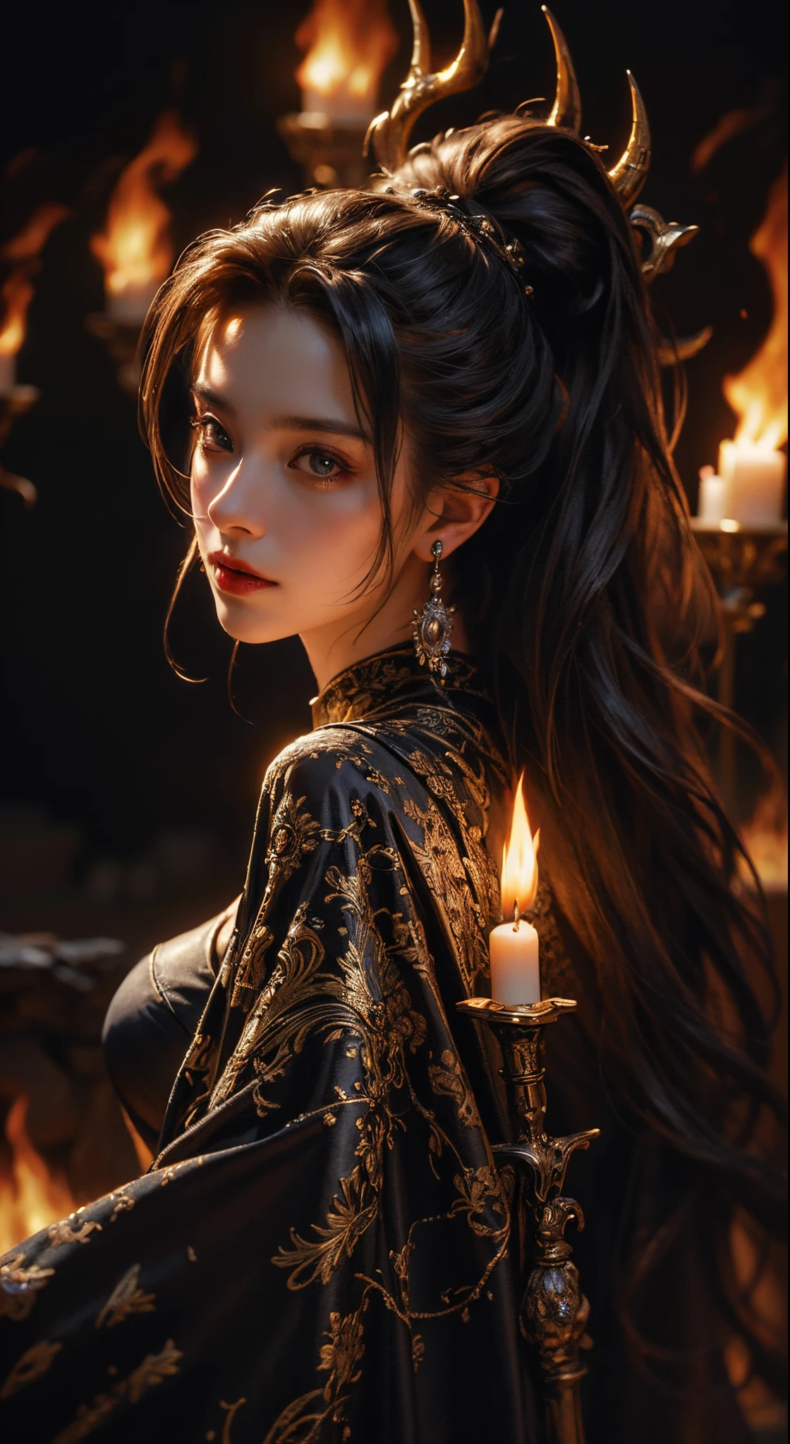 "(best quality,8k,highres,masterpiece:1.2),dramatic,detailed,ultra-detailed,realistic,photorealistic:1.37,medium:oil painting,demonic witch,summoning flames,intricate,medium shot,backlit,flourishing,glimmering,contrasting colors,sharp focus"