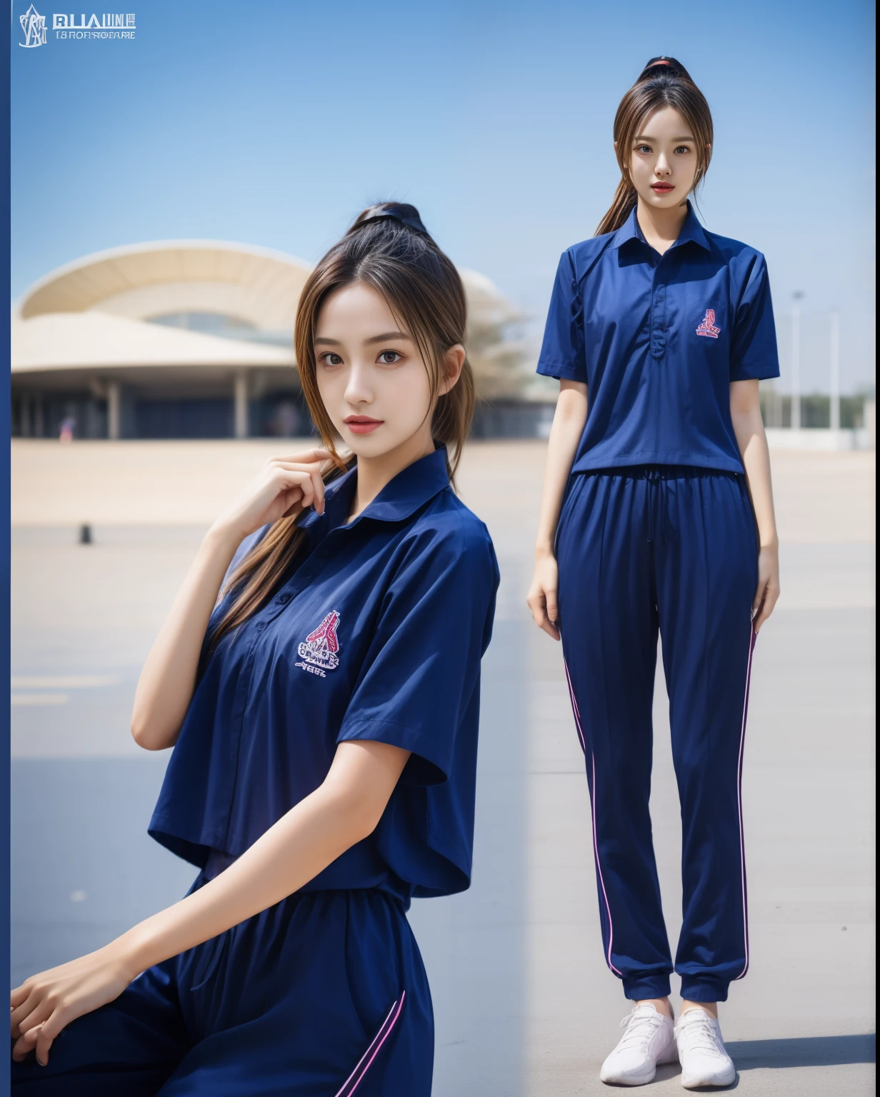 (bestquality,10,10,highres,masterpiece:1.2),ultra-detail,(Realistic,photorealistic portrait,photo-realistic:1.37),1 Cute girl in the football field,oily shiny skin,bara,light smile,BDclothes,((blue shirt:1.3)),short sleeves,shirt, trousers.,(navy_long_Pants Track:1.1), ((Stadium Background:1.3)),dynamic angle,excited,face focus,Dynamic Poses,from behide,Ass Focus,masterpiece, bestquality, ultra realistic, hyper-detail, 8k resolution, RAW photo, crisp focus, ((Navy blue shirt:1.1)), short sleeves, Long Path, Perfect body, 2 mature women, 18yo, cinematic light,Blue sweatpants,Gymware,Correct anatomy,Complete body, Correct body, sharp face, Anatomically correct body, full entire body, Realistic gestures, long-haired, Realistic poses,Wear long shorts..........................,Long leg span,Shapely,Sculpting Girl, Slender Figure, mannequin mannequins, Shapely, Beautiful body,Blue sweatpants, Two girls kissing