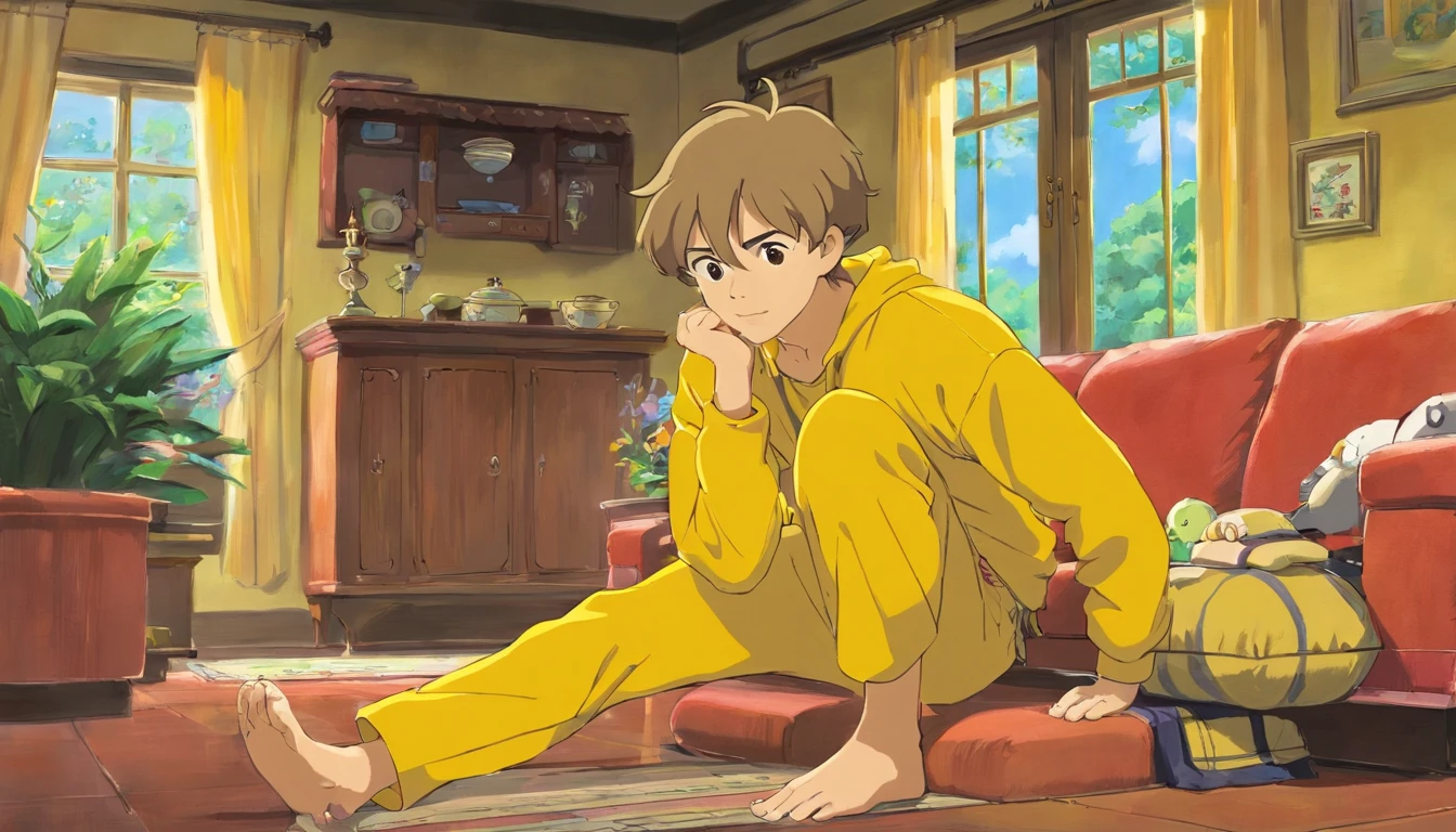 Brother，boy，12year old，yellow clothing，yellow colored pants，Inside the living room