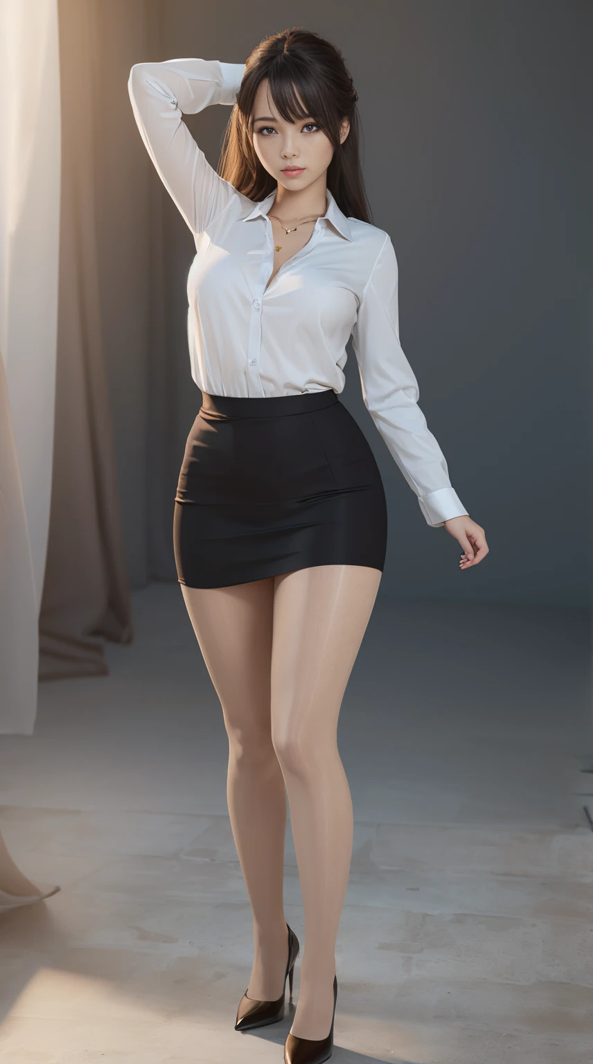 Elegant upper class elite secretary wearing business shirt, at park, Wear pantyhose、Wear high-end high heels、 Girl in shirt,, merchant, Wear tight shirts and tight miniskirts, Young woman in tight shirt, Original full body photo, (8K、top-quality、tmasterpiece:1.2)、(intricately details:1.4)、(真实感:1.4)、octane renderings、Complex 3D rendering hyper-detail, Studio soft light, Edge lights, vibrant detail, super detailing, realistic skin textures, Detail making, beautidful eyes, Very detailed CG Unity 16k wallpaper, Makeup - Makeup, (detailedbackground:1.2), Bare thigh heel!!!,Huge, rounded chest，messy  hair，fully body photo，（hands raised overhead:1.5）