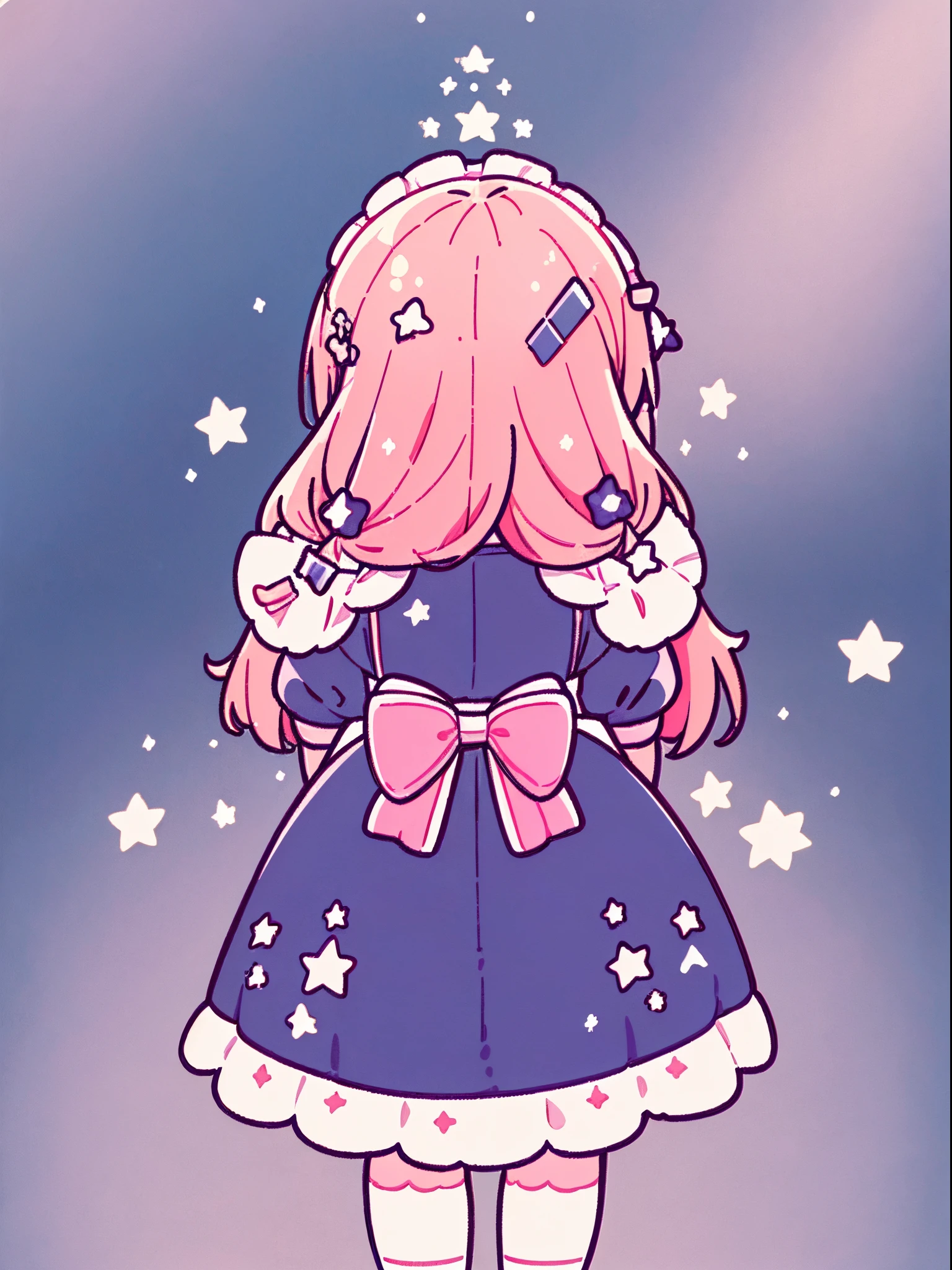 (masterpiece:1.2), best quality, highres, original, (extremely detailed:1.2), ultra-detailed, wallpaper, perfect lighting,(extremely detailed CG:1.2), 8k, (cute illustration, cute style, kawaii), 1girl, solo, maid, long hair, (multicolored hair, maid hairbrand, star hairclip, maid dress, apron, short sleeves1.24), close-up, back-angle, from behind, dreamlike background, cute background