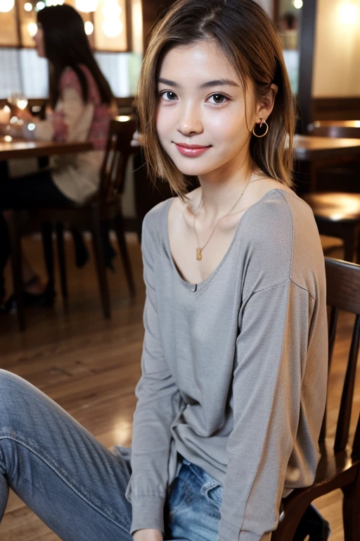 Best Quality, masutepiece, 超A high resolution,(Photorealistic:1.4), (Raw photo:1.2), (sit a chair:1.2), (detailed buttocks:1.1), In the restaurant,half_Smile, Detailed eyes, (Looking at Viewer:1.2), (gray casual clothes), (casual pants:1.2), (Beautiful face:1.2), (French Twist:1.2), Small, girl with, 18 years old, deepshadow, Dark theme, heart tattoo on neck, Earring, Cute necklace