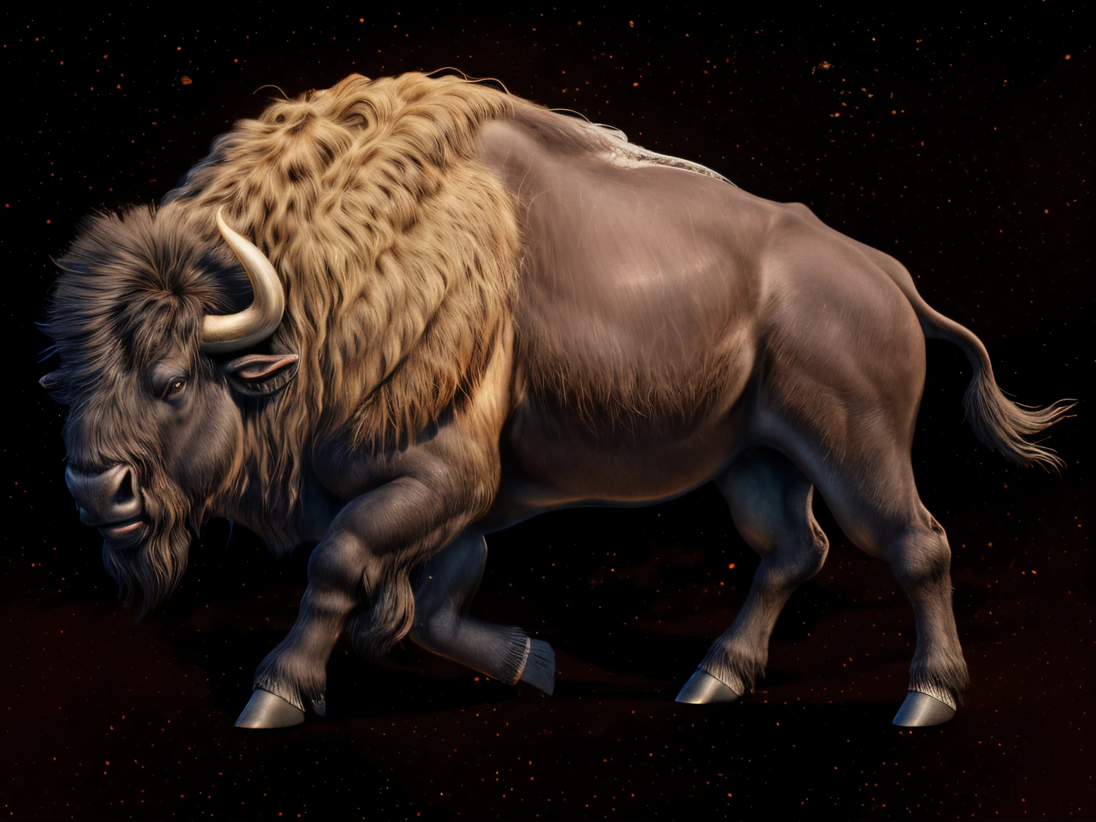 bull walking sideways, buffalo, humpback bison, There are a lot of manes on the body, Lots of leg hair, Bison have thick manes, Super quality, extremely high resolution. 8K, exquisite detailing, The proportions are reasonable, There are layers of light and shadow