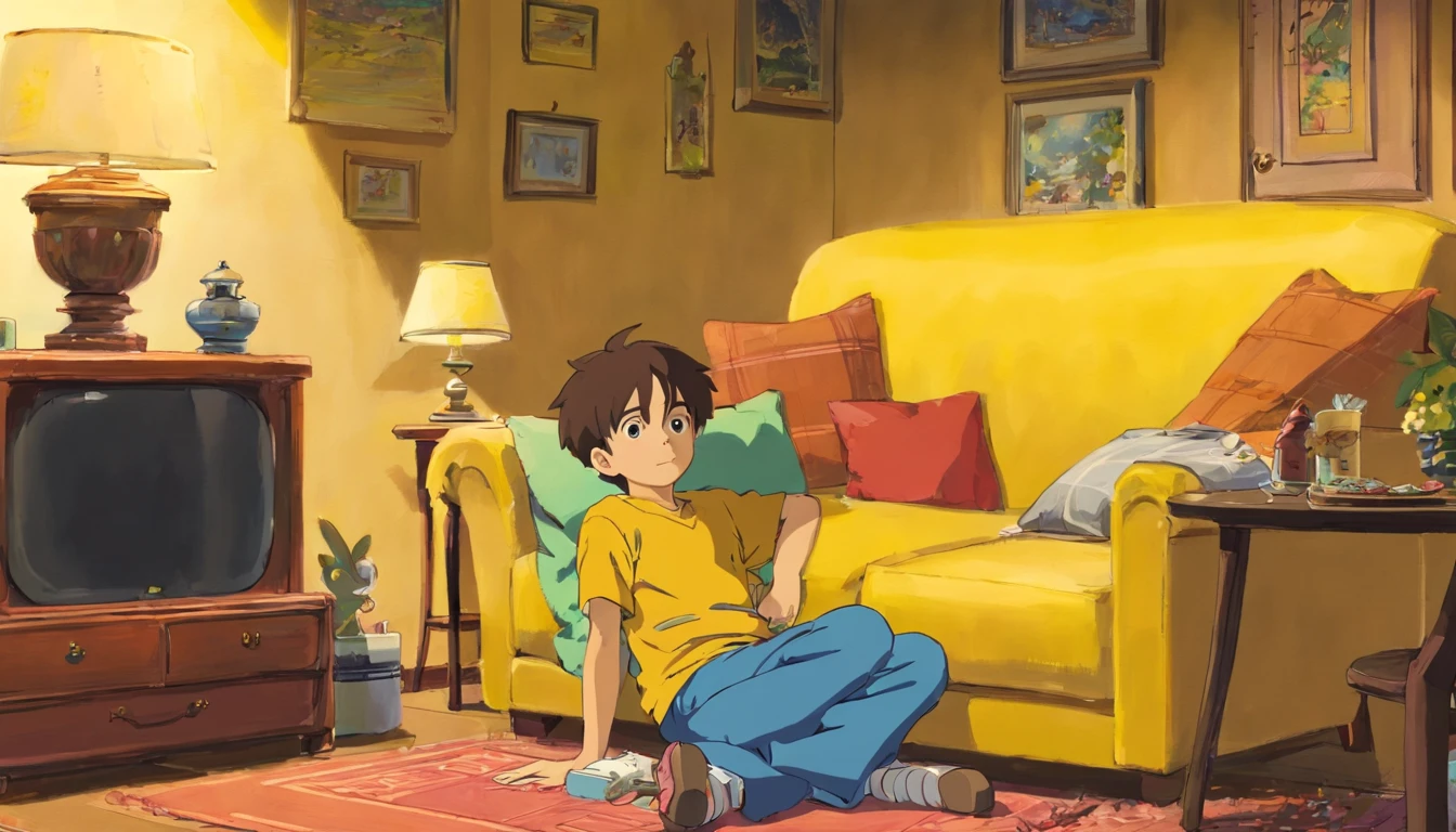 Brother，boy，12year old，yellow clothing，Inside the living room，he is watching TV