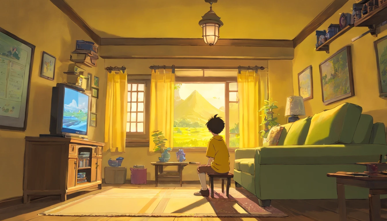 Brother,boy,12year old,yellow clothing,Inside the living room,he is watching TV