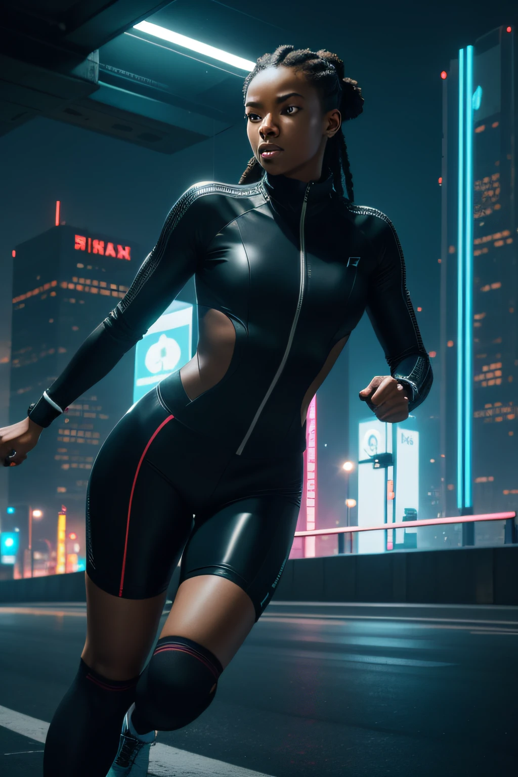 "Generate a top-quality, 8K masterpiece:1.3. A photo of an impassioned, determined athlete sprinting, clad in sleek, futuristic sportswear, on a futuristic cityscape background taken with an ultra-wide 14mm camera lens. The scene showcases highly detailed textures, dynamic skin tones, and utilizes futuristic neon lighting for a cyberpunk ambiance."
