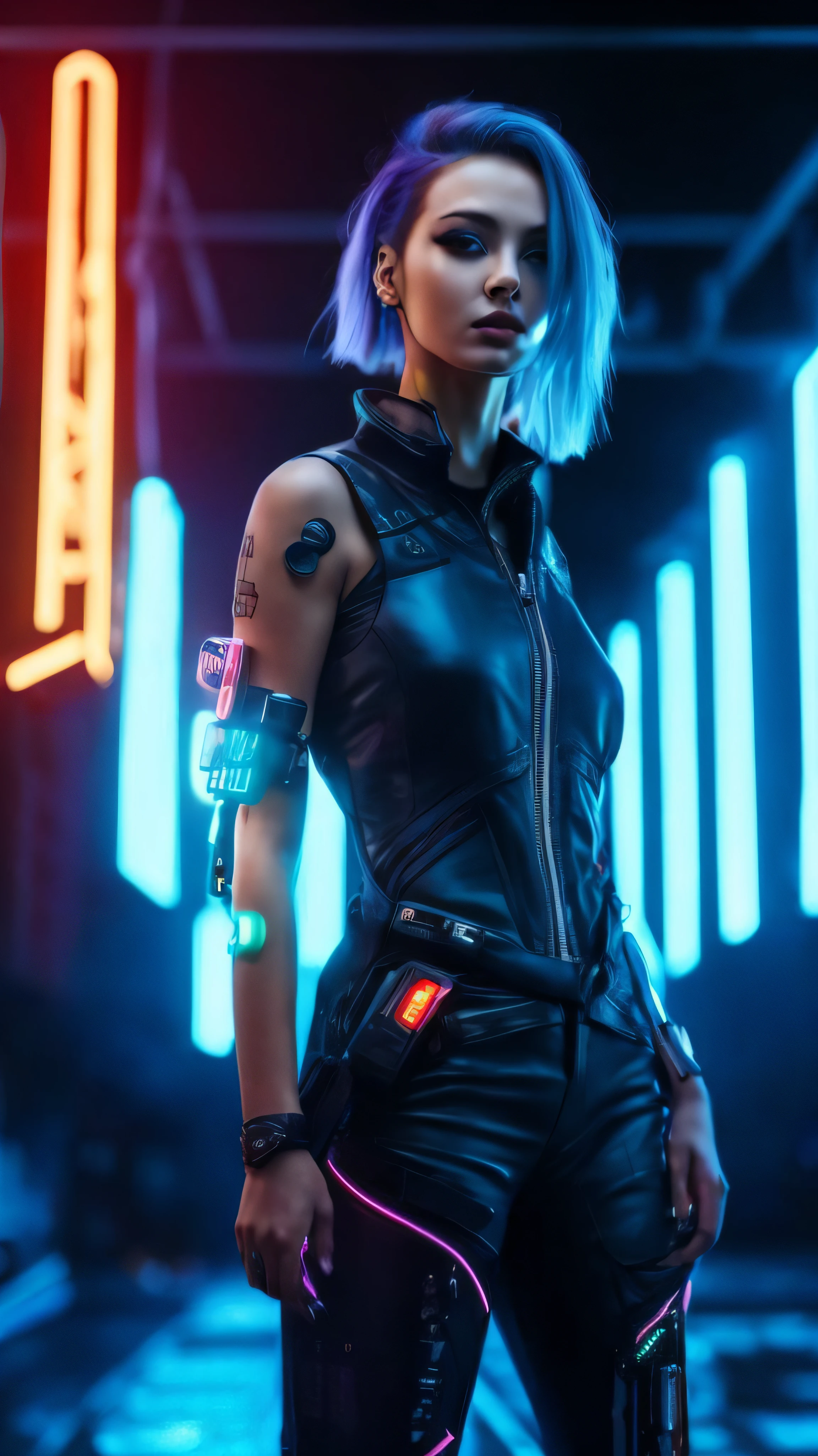 Beautiful girl in full growth, with Cyberpunk style, Cyborgs, street of the city of the future, neon signage, higly detailed