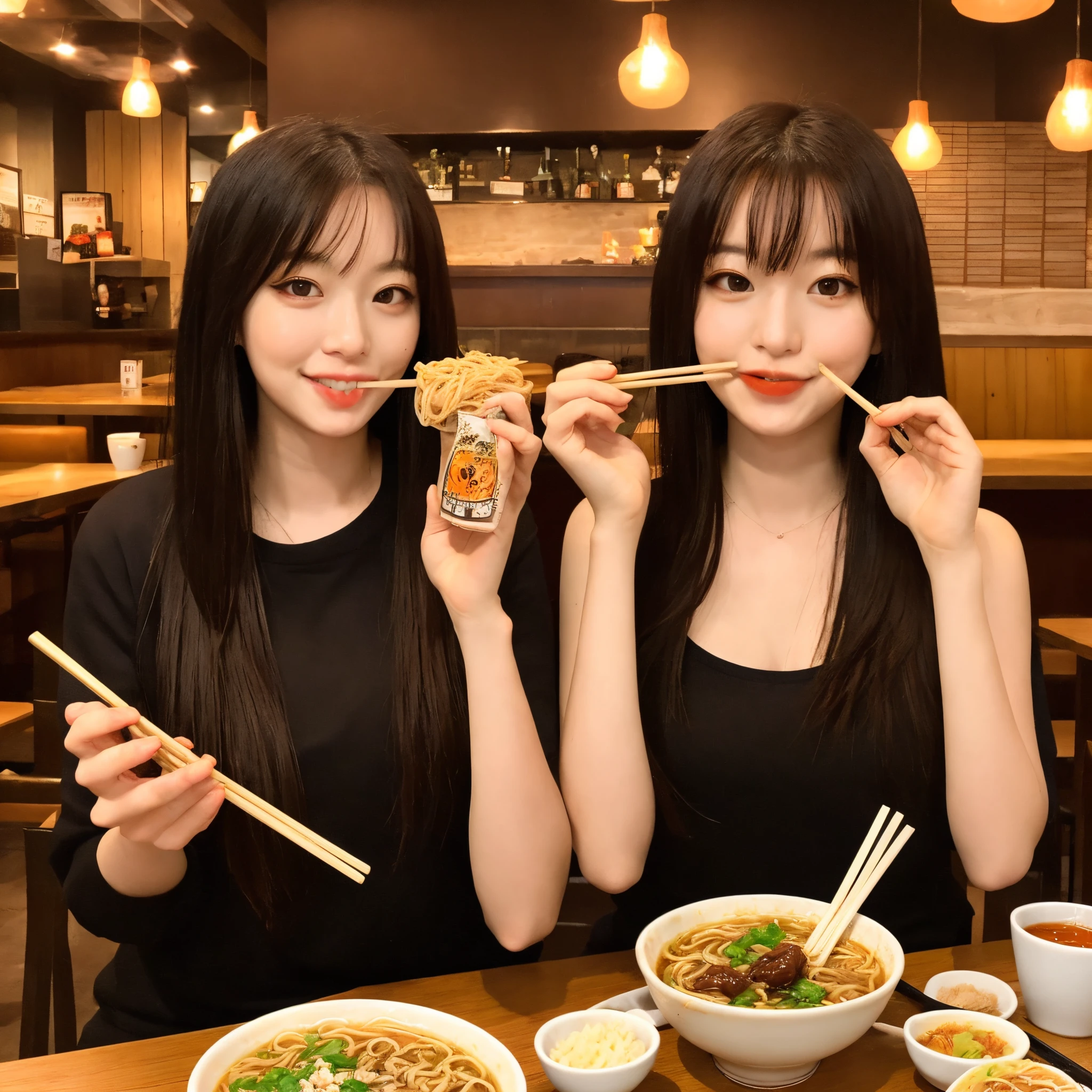 A beautiful woman in her 20s eating soy sauce ramen with chopsticks at a restaurant