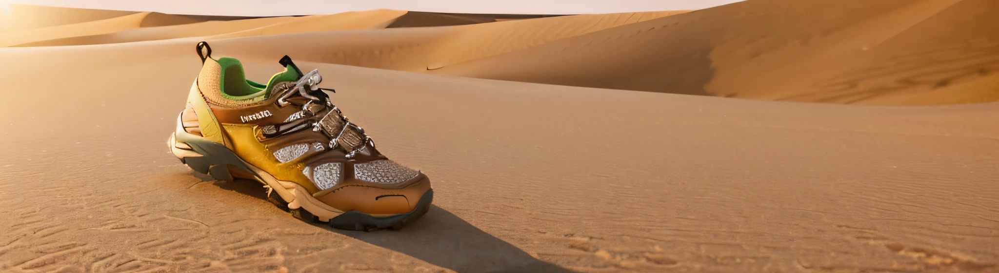 Close up of hiking boots in desert(Only one hiking shoe), tmasterpiece,Best quality,best reflection,(Very detailed CG unified 8k wallpaper),(Best quality),(The best illustrations),(The best shadow),3d octane render,ray traycing,ultra - detailed