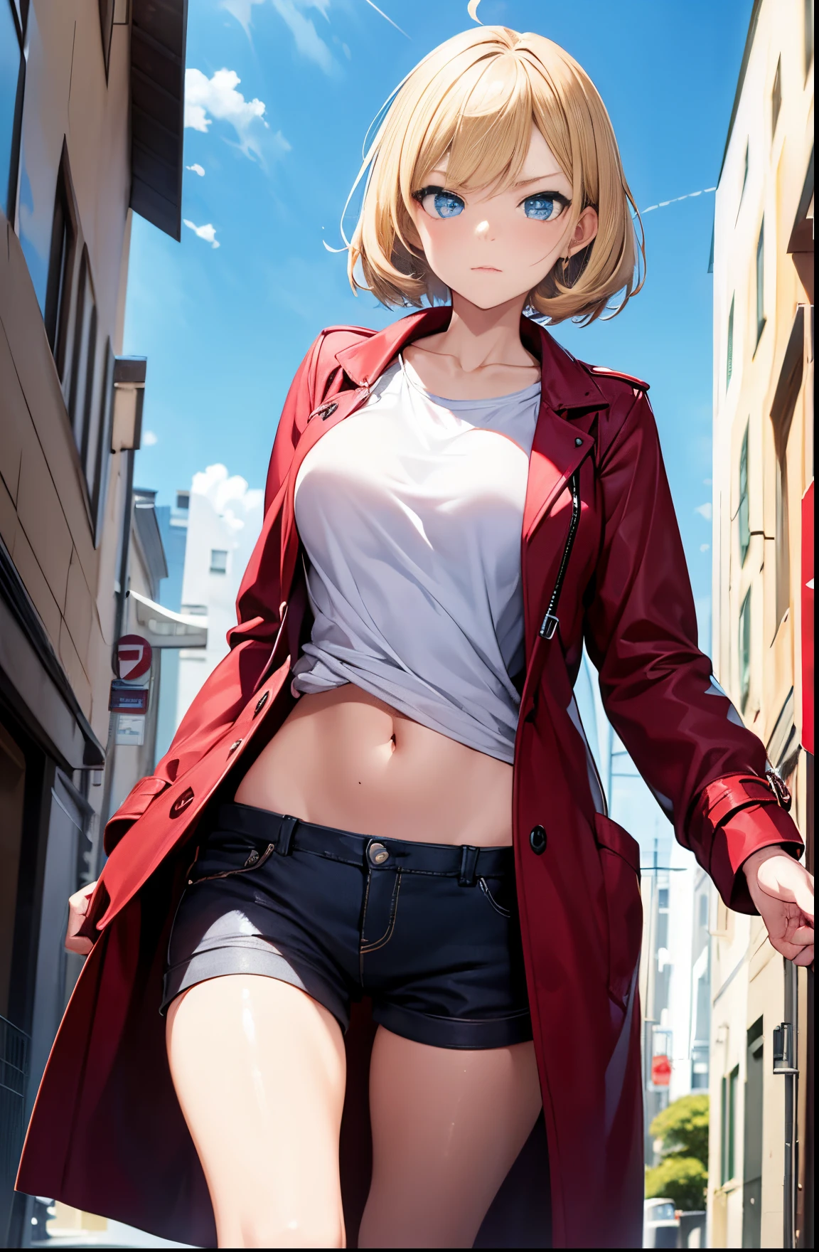 2D Anime Style、Blue eyes、Beautiful shining eyes,  (Talented lo-fi:1.3),breasts are slightly larger、high and beautiful nose,Beautiful profile with a slender outline,A cool adult with short blonde hair and an angry expression......................Facing to the side,Fashion that shows off your stomach, he is wearing a red top and shorts、and is wearing a long coat。。。。。。..,walking down the streets of america,