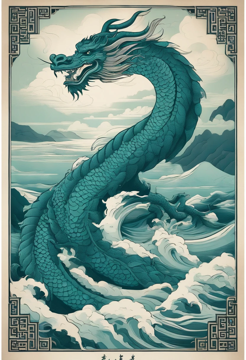 This ukiyo-e style poster design features a teal ocean, Cyan Chinese dragon in ink painting, and dragon combination, As a water god, Dragon King, Living in the North Sea, Control thunderstorms at sea,Soaring in the sea of clouds,an ancient Chinese god, turtle, drank, bigger, Stony, Super sharp,Realistic details,Auspicious clouds, depth of fields, Divine Thunder, fantasy coloring, romanticism lain, artistic décor, 电影灯光, depth of fields, spark of light, god light, Ray traching, ultra-wide-angle, first person perspective, wide wide shot, hyper HD, high high quality, high detal, ctextured skin, Best quality at best