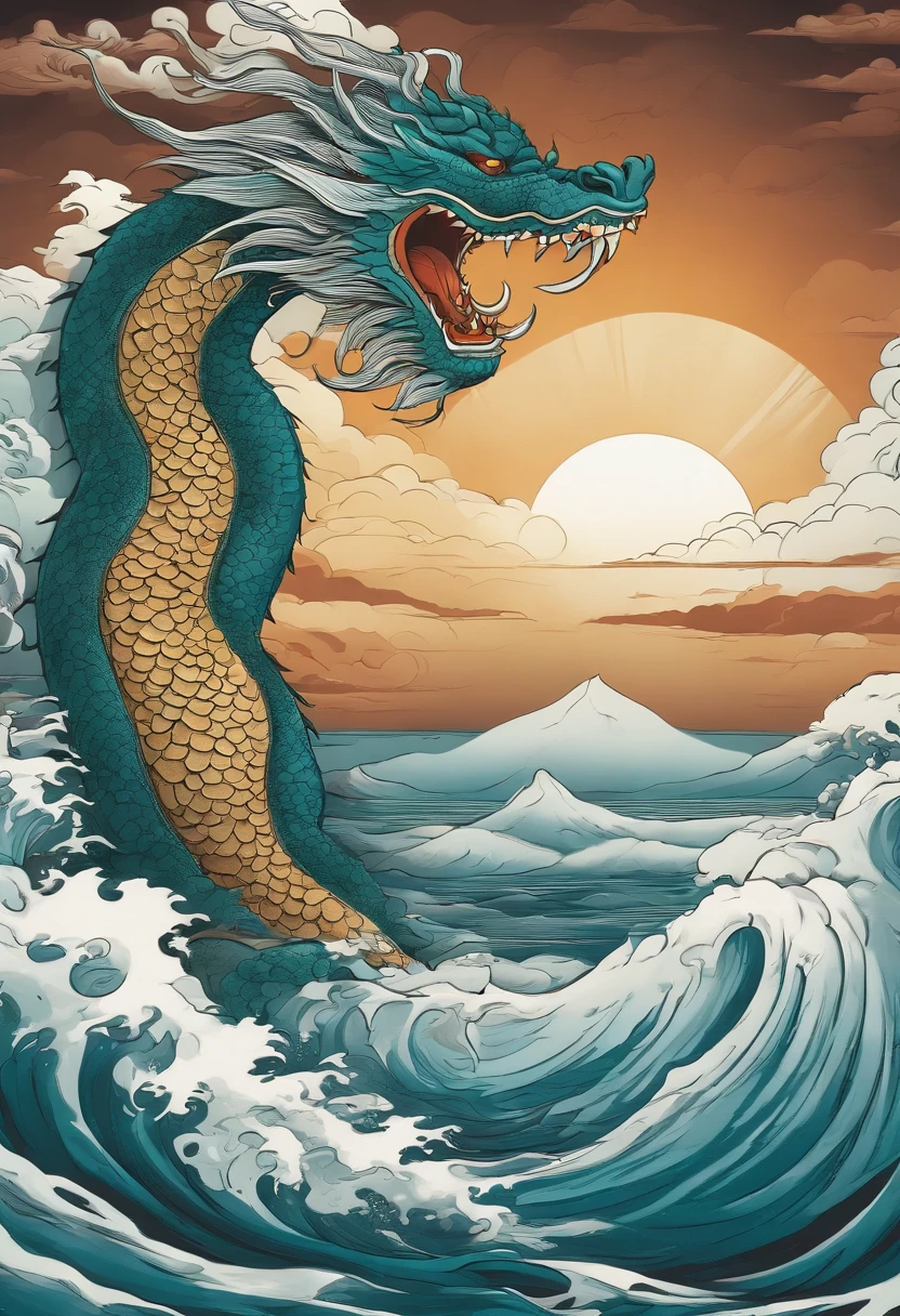 This ukiyo-e style poster design features a teal ocean, Cyan Chinese dragon in ink painting, and dragon combination, As a water god, Dragon King, Living in the North Sea, Control thunderstorms at sea,Soaring in the sea of clouds,an ancient Chinese god, turtle, drank, bigger, Stony, Super sharp,Realistic details,Auspicious clouds, depth of fields, Divine Thunder, fantasy coloring, romanticism lain, artistic décor, 电影灯光, depth of fields, spark of light, god light, Ray traching, ultra-wide-angle, first person perspective, wide wide shot, hyper HD, high high quality, high detal, ctextured skin, Best quality at best