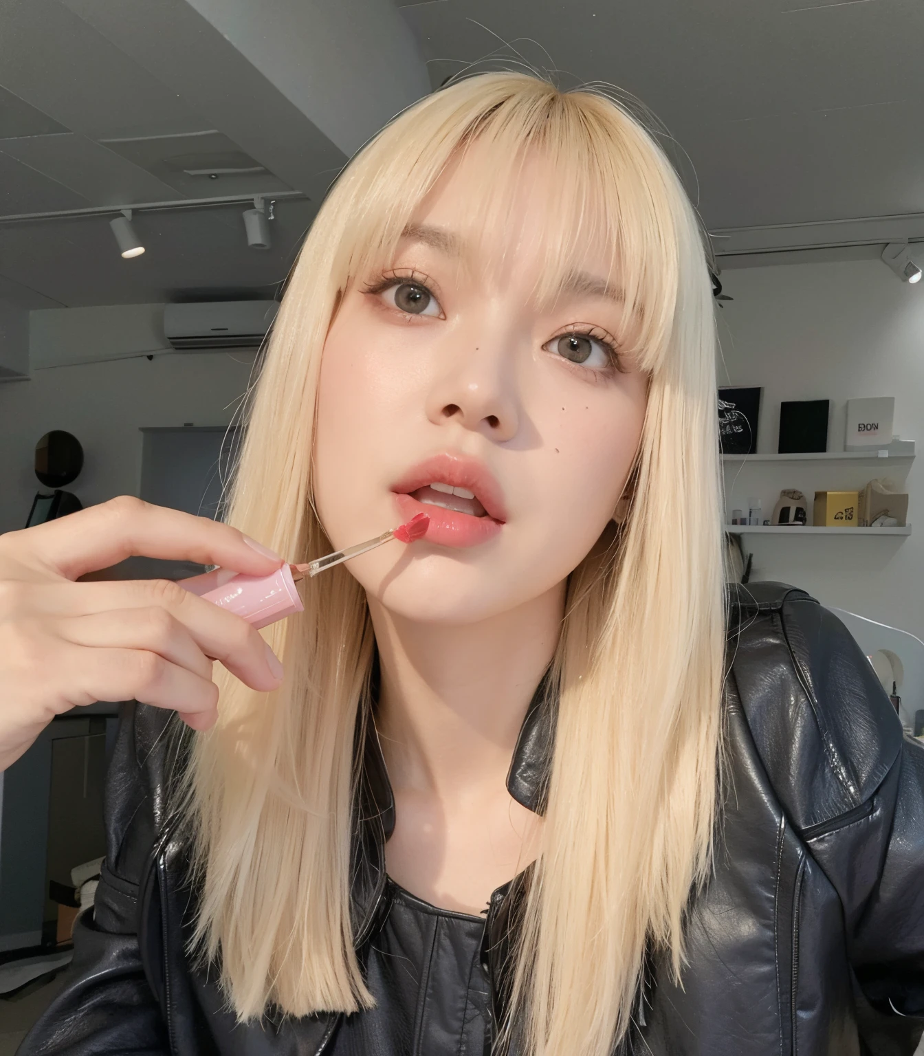 Blonde woman with bangs brushing her teeth in a salon., Lalisa Manobal, Parque Roseanne de Blackpink, Lalisa Manoban de Blackpink, maquillaje popular de Corea del Sur, con flequillo completo, con flequillo, maquillaje coreano popular, flequillo largo y recto, ulzzang, Jossi de Blackpink, Cabello largo con flequillo completo, Cabello largo y blanco y flequillo, cabello whitebangs cabello