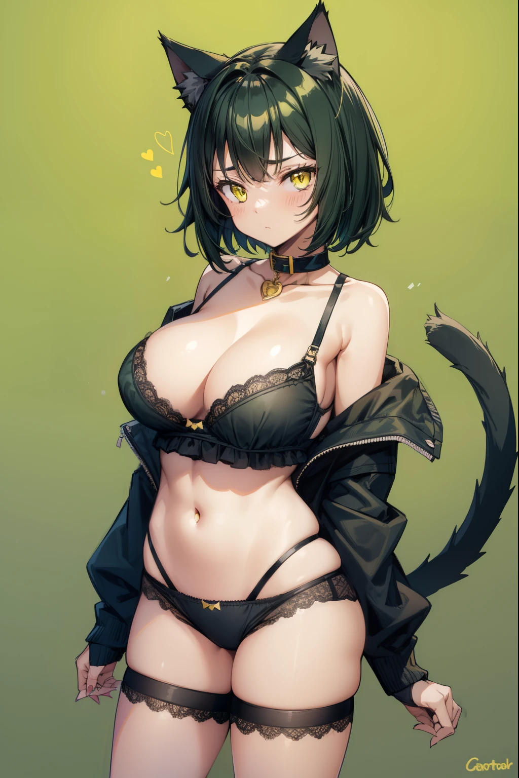 cute girl, Short dark green hair, yellow eyes, cat ears, cat collar, cat tail, cat hands, cat legs, underwear, adult girl,Women's bra, women's underwear, Big chest, Big breasts