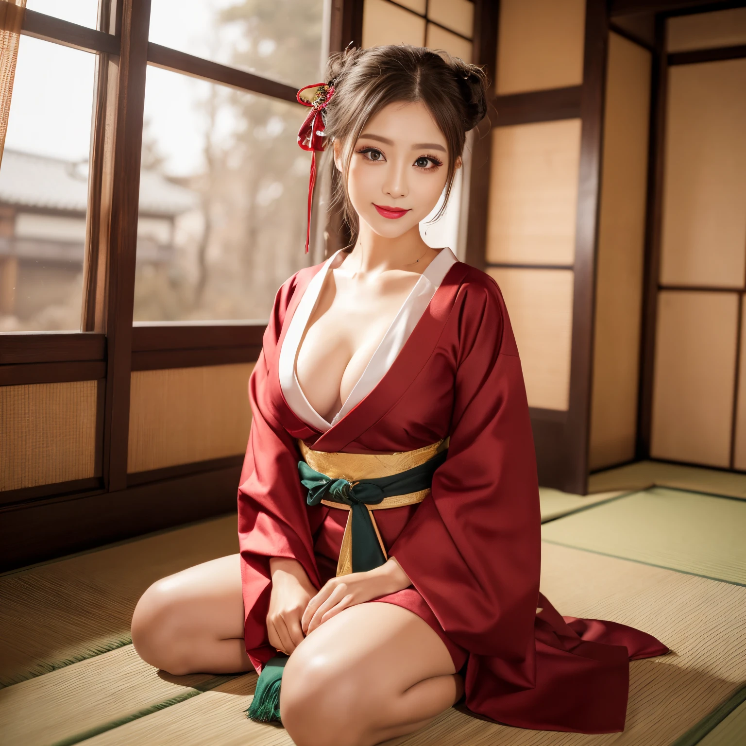 ((top-quality、masutepiece、8K、Top image quality、Hyper-Realism、SFW))、(1 photo:1.5)、1 female、(The most gorgeous and luxurious red courtesan furisode:1.5)、cleavage of the breast、(Old Japanese style bedroom in an old folk house:1.2)、(Old Japanese style bedroom in an old house:1.2)、smile looking at me、(Photo from the waist up:1.2)、perfect anatomia、Chignon、Bright lighting、Brown hair、lipsticks、Perfect makeup、long eyelashes、Color Contacts