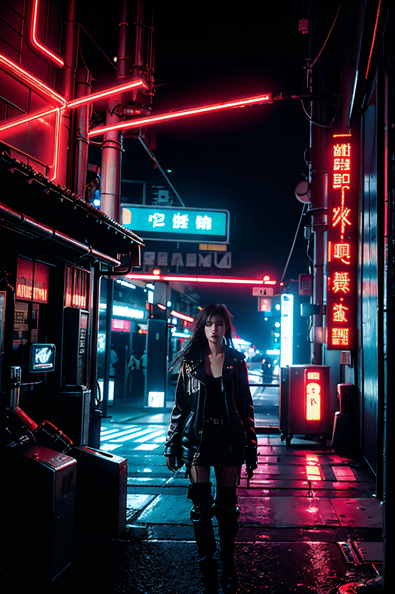 best quality:1.4, cyberpunk, mechanical parts, cyberpunk, neon lights, city, 1girl,