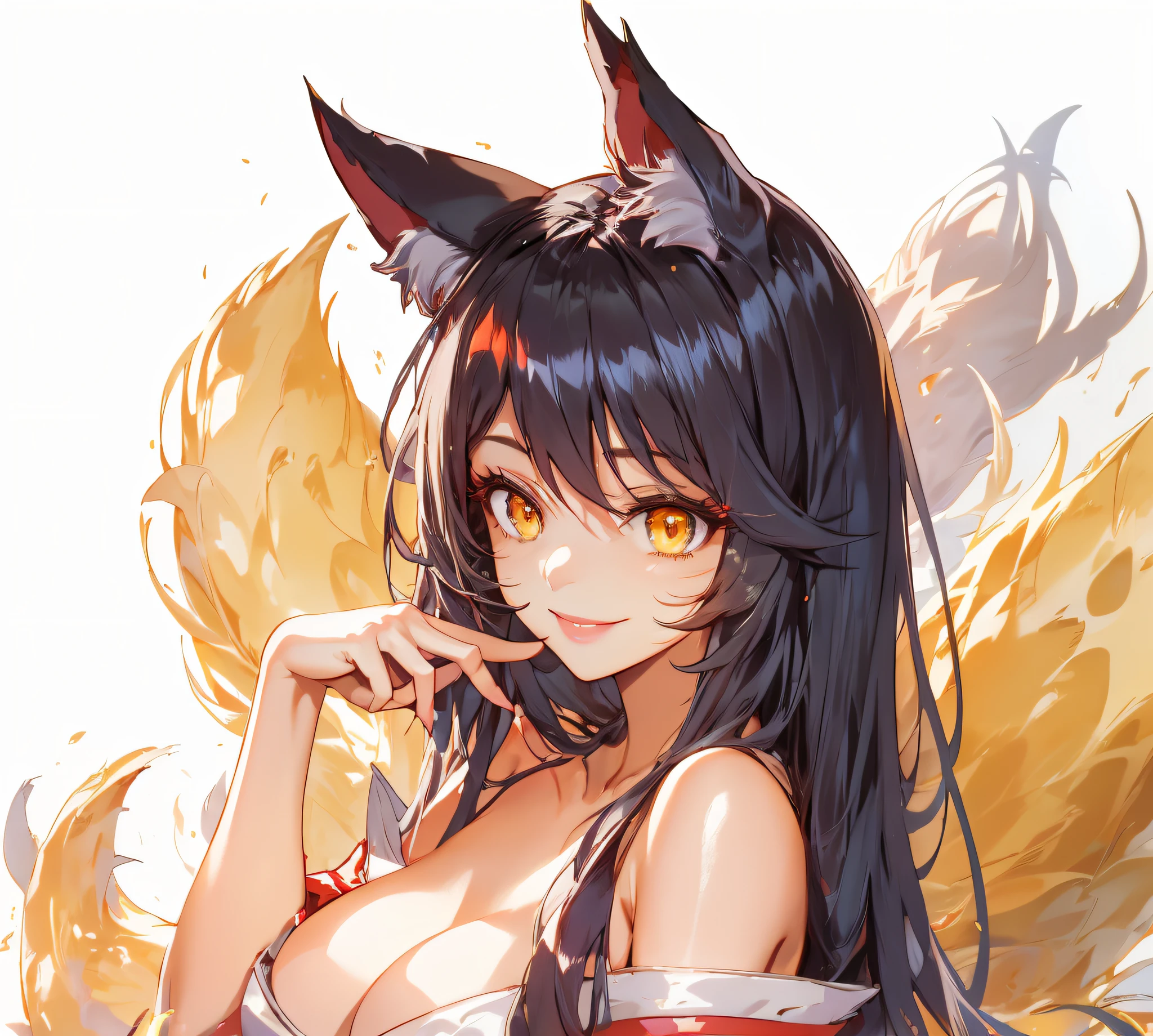 lightand shade contrast, hyper HD, retinas, tmasterpiece, acurate, ((ahri)),((gold eyes)),Award-Awarded, Best quality at best, A high resolution, high qulity, high detal,big breasts enchanting, Large breasts, ((Cleavage is seductive)),squinty eyes, Smiling, dangerous, big breasts enchanting, Mysterious woman