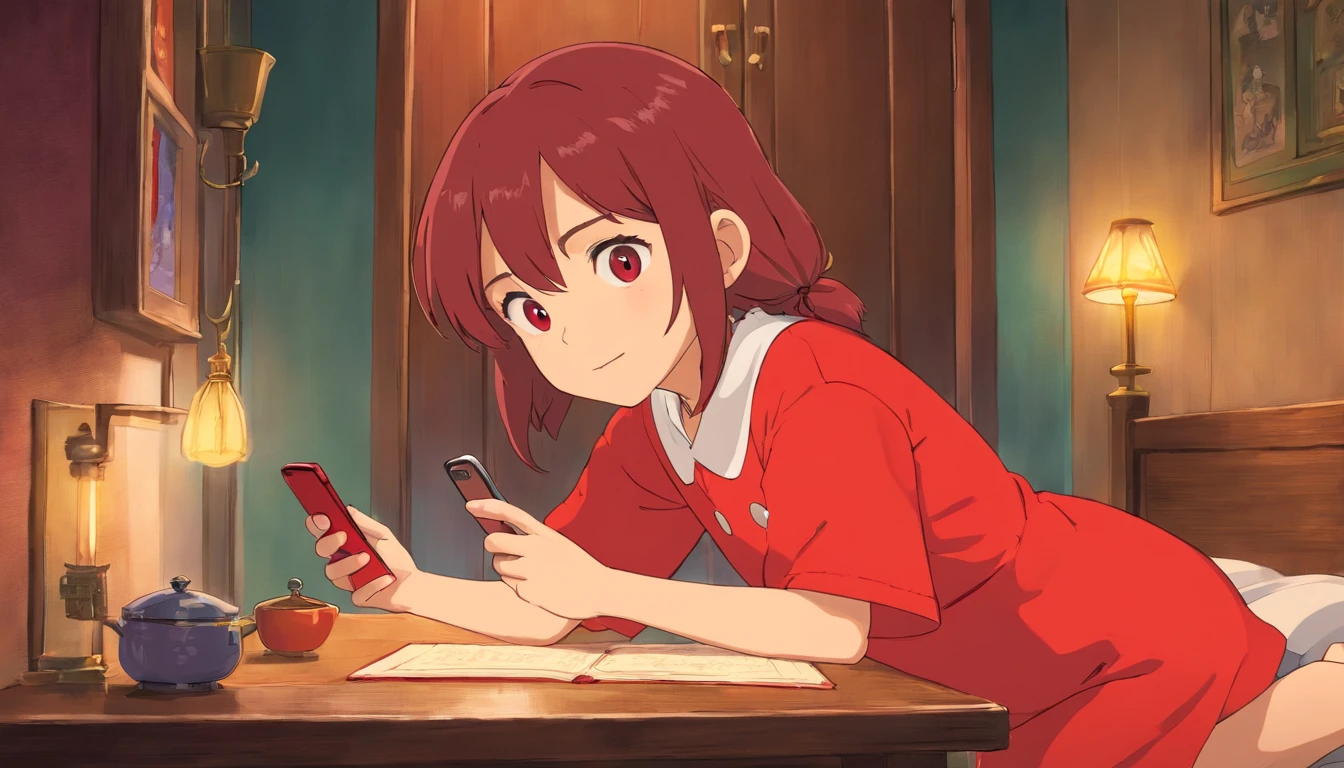 Younger sister,7 ,Red clothes,Playing with your phone,Bedrooms