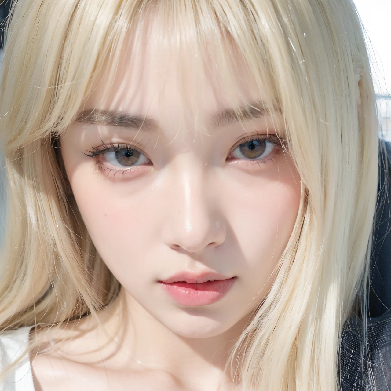 Un primer plano de una mujer con cabello rubio y una camisa blanca, Lalisa Manobal, Parque Roseanne de Blackpink, Jinyoung Shin, pale round face, Heonhwa Choe, Lalisa Manoban de Blackpink, ulzzang, flequillo blanco, pale porcelain white skin, Sun Yunjoo, Shikamimi, cabello rubio muy, very pale, Jaeyeon Nam