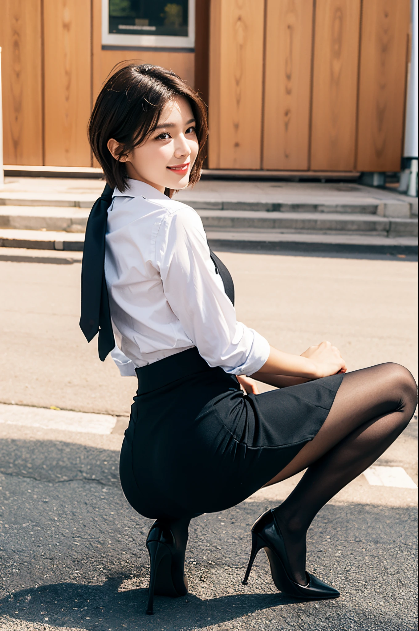 masterpiece, best quality,1girl,young girl,brown eyes,short hair,happy smile,shiny skin,(nice leg line:1.3),thin waist,huge breasts
BREAK
school uniform,necktie,((pencil skirt)),high heels
BREAK
park,crowd,depth of field,looking at viewer,squatting,from behind,upper body,legsupsexms