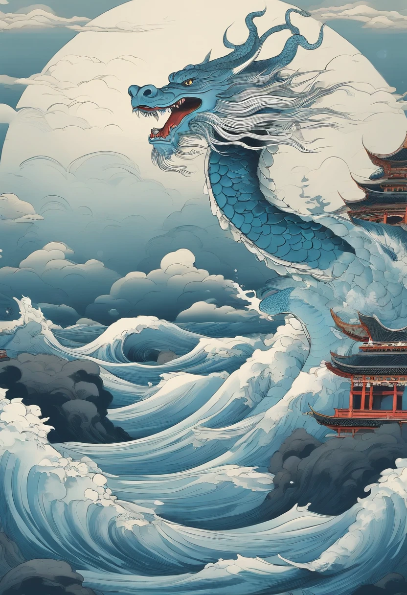This ukiyo-e style poster design features a light blue ocean, Light blue Chinese dragon in ink painting, and a combination of dragons, As a water god, Dragon King, Living in the North Sea, Control thunderstorms at sea,Soaring in the sea of clouds,an ancient Chinese god, turtle, drank, The large, Stony, Super sharp,Realistic details,Auspicious clouds, depth of fields, Divine Thunder, fantasy coloring, romanticism lain, artistic décor, 电影灯光, depth of fields, spark of light, god light, ray traycing, ultra-wide-angle, first person perspective, wide wide shot, hyper HD, high high quality, high detal, ctextured skin, Best quality