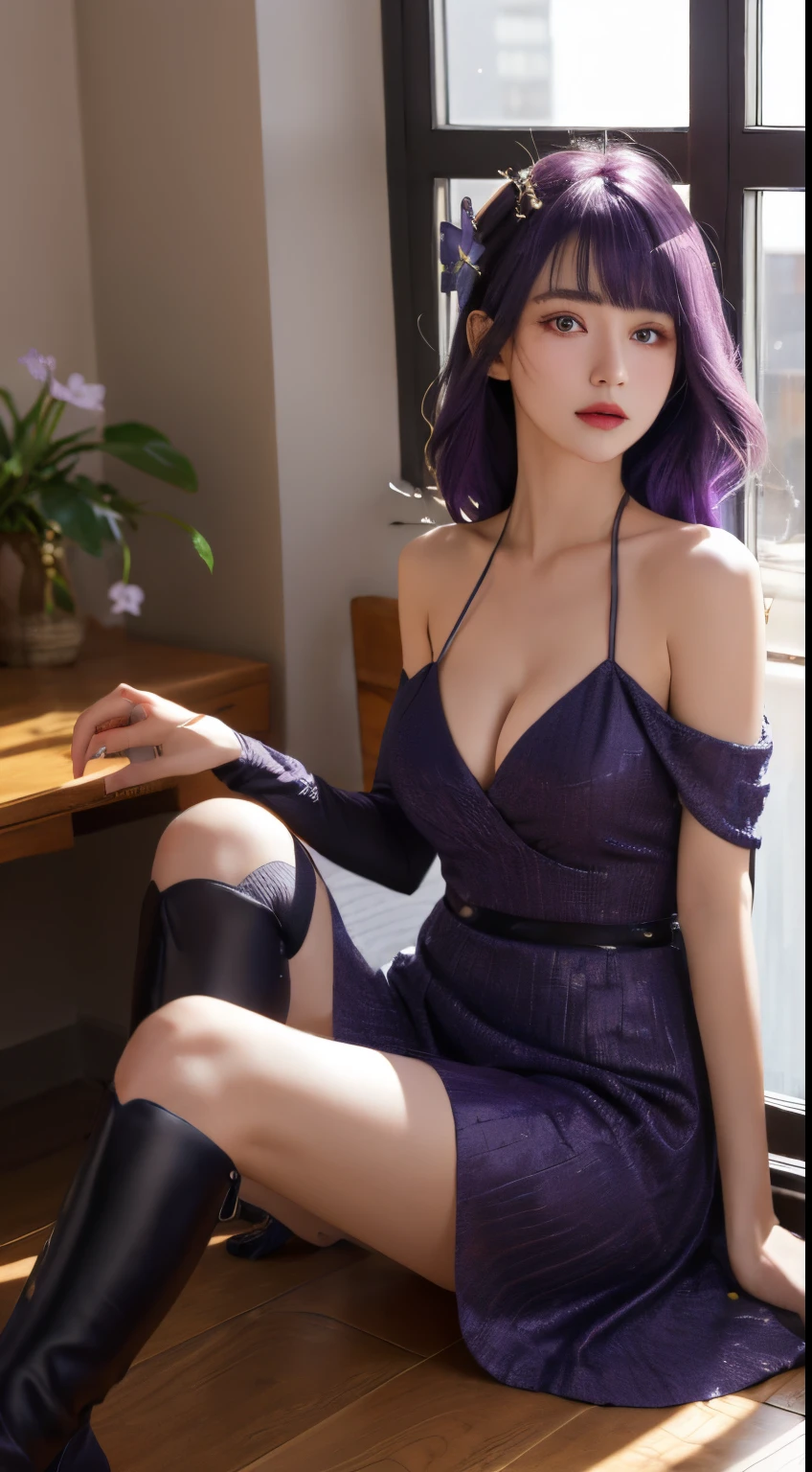 tmasterpiece, Ultra-fine fur, better lighting, better shade, Raiden general,1 plump girl, Raiden general, mediuml breasts, a skirt, Purple colored hair, Alone, Long gray hair, Large breasts, a purple eye, woven, view the viewer, braidedponytail, hair adornments, Sleeveless, hairflower, Black dress, The shirt, Indoors, blossom flower, , through bangs, exposed bare shoulders, window, upper legs, Moles under the eyes, purple evening dress,black long boots