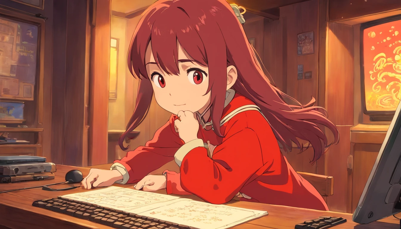 Younger sister,7 ,Red clothes,Playing computer games