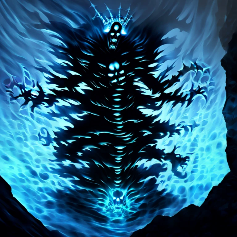 King of the abyss, Skeleton, 24 feet tall, 6 arms, legs are a mass of thorns, has 3 eyes which are blue