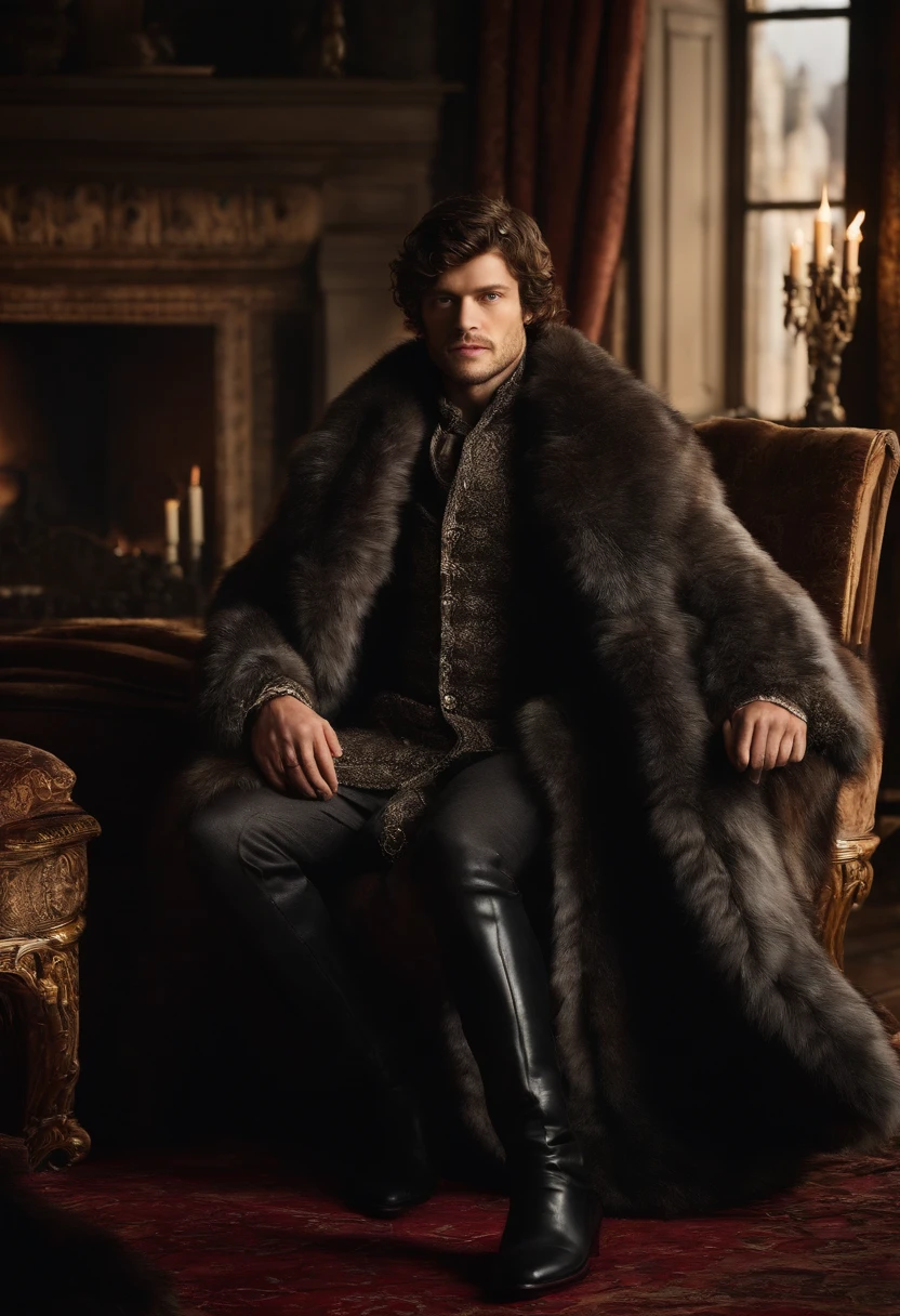 A photo of a luxurious fur coat spread out on a lavish chaise lounge,Game of Thrones TV series,Ramsay has shaggy brown hair and cold grey eyes, dressed in medieval winter attire. Famously portrayed by Iwan Rheon, male