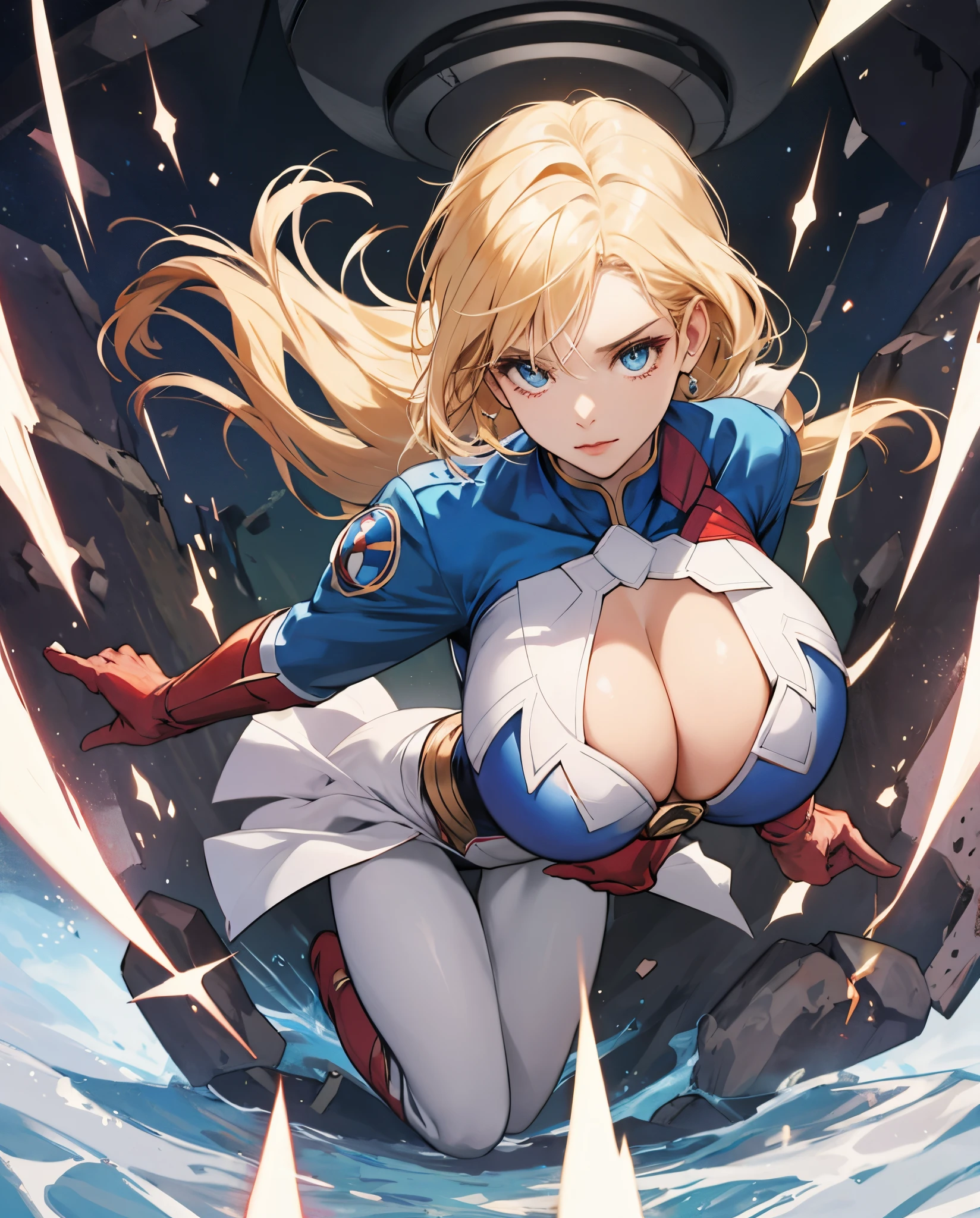 Powergirl the superhero has been hypnotized and is staring into the camera. Her huge breasts are straining against the fabric of her outfit and spilling out of the hole over her bust, floating in air