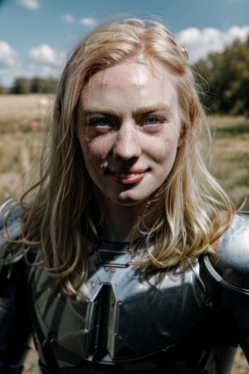 Ultra realistic photography of dbwl woman with many huge beauty marks on her natural pale white skin  ,  half body portrait , woman, SFW,  (((wearing chrome knight armor))), 

 ((fighting stance)),   natural (  pale light blonde eyelashes) , blue eyes, medieval background,
 detailed Natural pale white skin  with (many huge round beauty marks) , smile, light pale blonde eyebrows,
 in frame,  happy, clean cheeks,
detailed, natural light blonde,  outdoors, sunny, high resolution, photograph, RAW photo, chr0me4rmor,