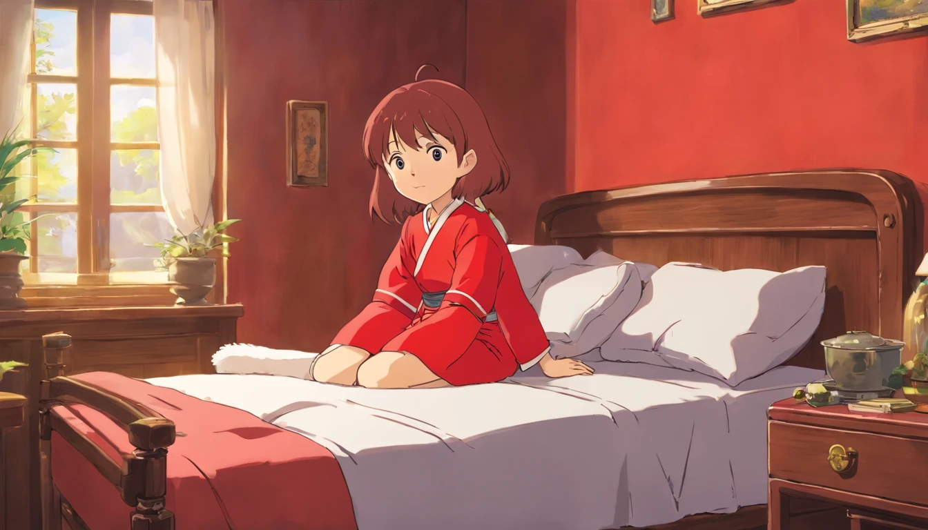 Younger sister,7 years old,Red clothes,Sleep in the bedroom,