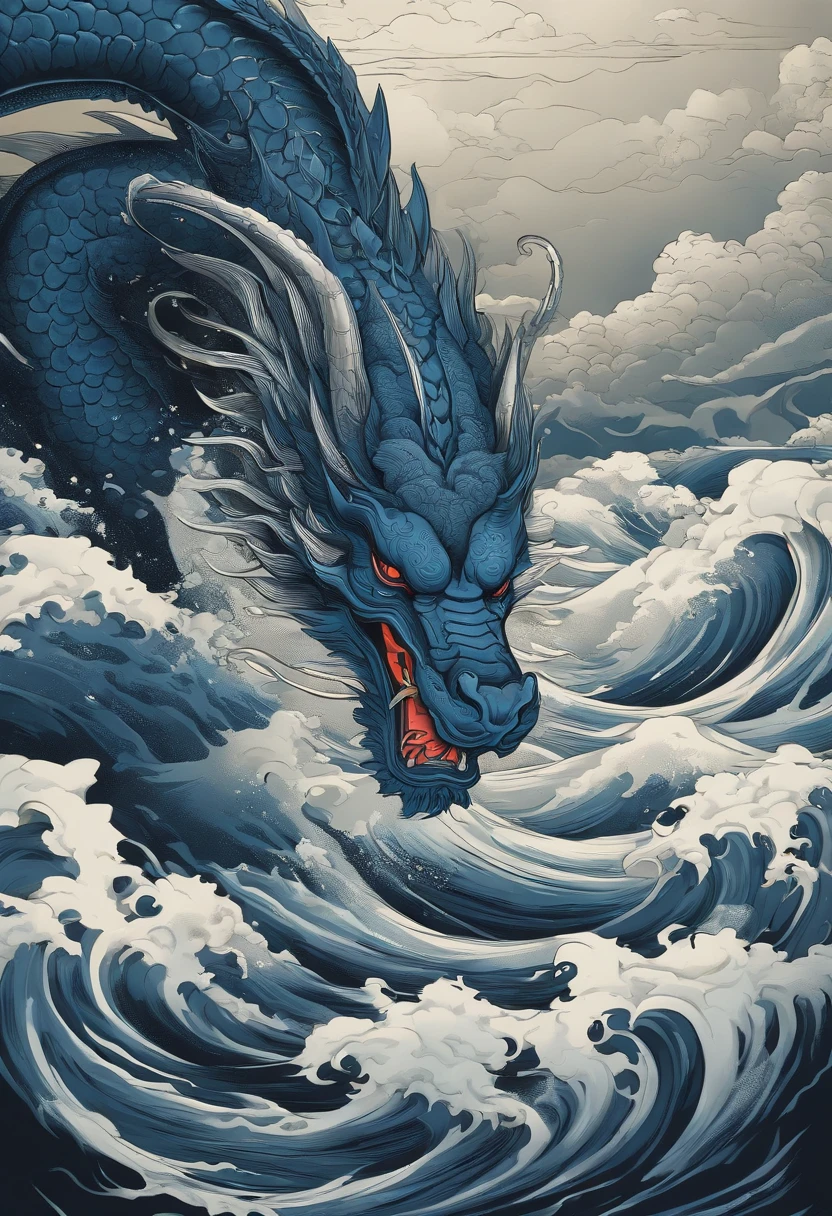This ukiyo-e style poster design features a deep blue ocean, Dark blue Chinese dragon in ink painting, and dragon combination, As a water god, Dragon King, Living in the North Sea, Control thunderstorms at sea,Soaring in the sea of clouds,an ancient Chinese god, turtle, drank, bigger, Stony, Super sharp,Realistic details,Auspicious clouds, depth of fields, Divine Thunder, fantasy coloring, romanticism lain, artistic décor, 电影灯光, depth of fields, spark of light, god light, Ray traching, ultra-wide-angle, first person perspective, wide wide shot, hyper HD, high high quality, high detal, ctextured skin, Best quality at best
