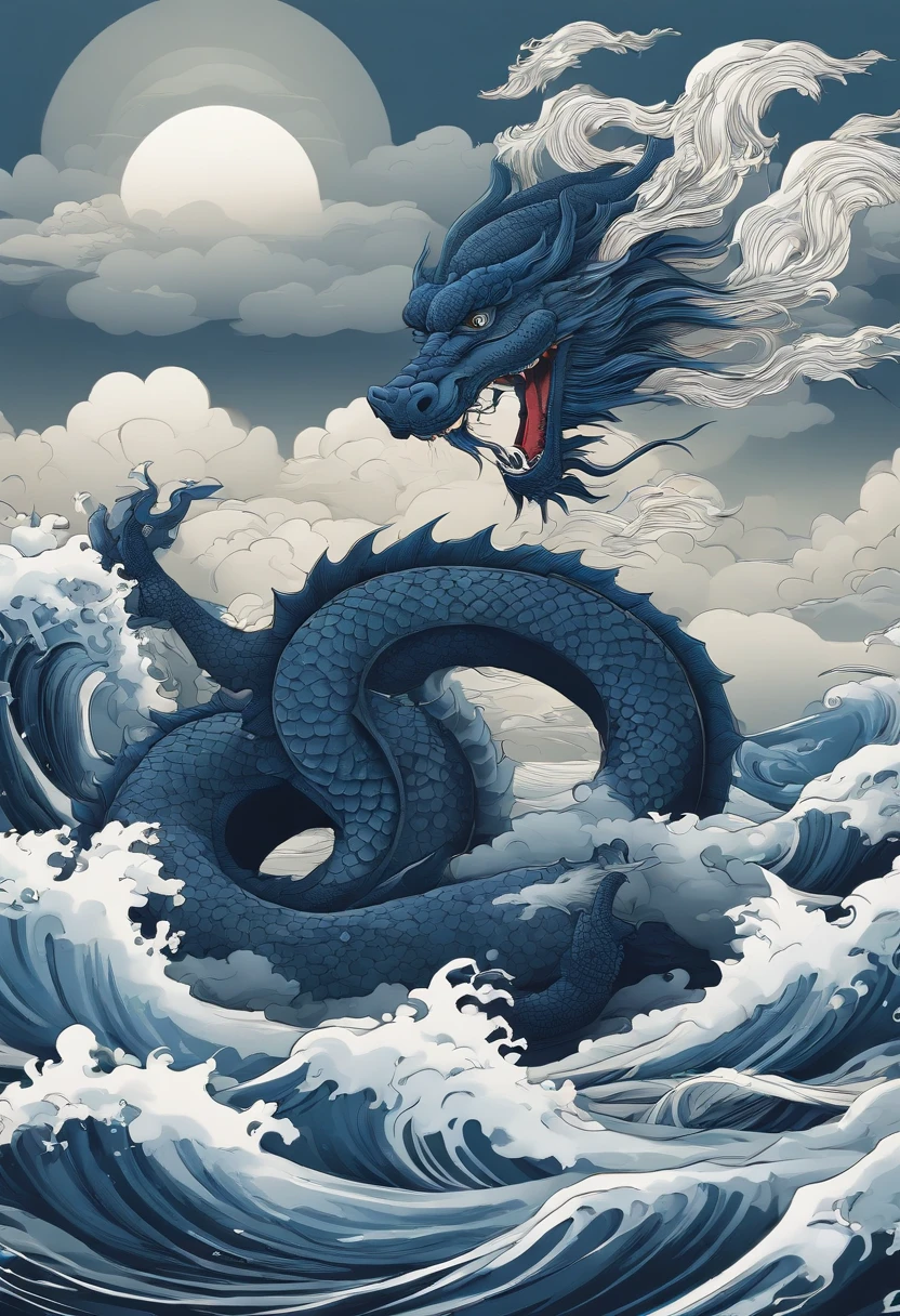 This ukiyo-e style poster design features a deep blue ocean, Dark blue Chinese dragon in ink painting, and dragon combination, As a water god, Dragon King, Living in the North Sea, Control thunderstorms at sea,Soaring in the sea of clouds,an ancient Chinese god, turtle, drank, bigger, Stony, Super sharp,Realistic details,Auspicious clouds, depth of fields, Divine Thunder, fantasy coloring, romanticism lain, artistic décor, 电影灯光, depth of fields, spark of light, god light, Ray traching, ultra-wide-angle, first person perspective, wide wide shot, hyper HD, high high quality, high detal, ctextured skin, Best quality at best