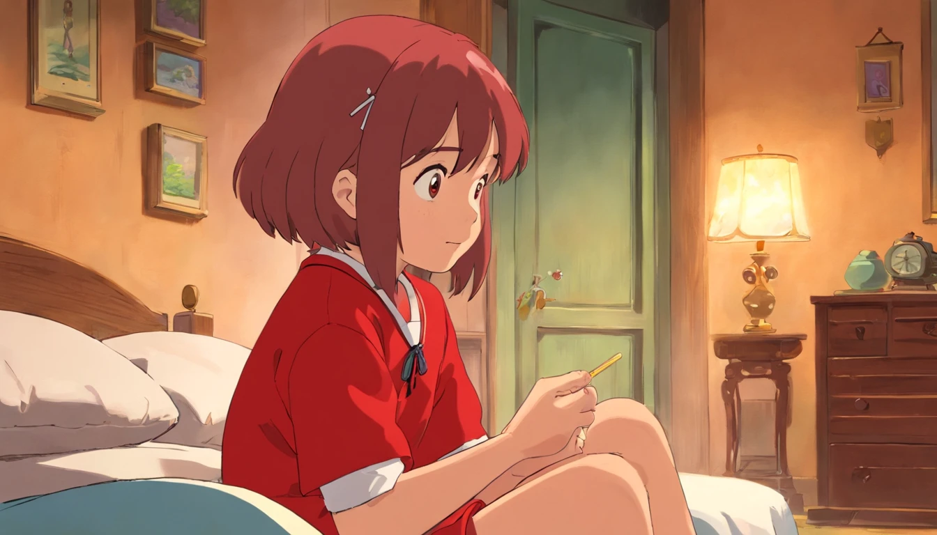 A little girl in a white t-shirt and a red skirt and a little boy in a red blouse,Yellow shorts,Lie down in bed,The full moon outside the window spilled over the room,The faces of both of them were filled with excitement,anime big breast,miyazaki's animated film,Studio Ghibli animated films,ghibli artstyle