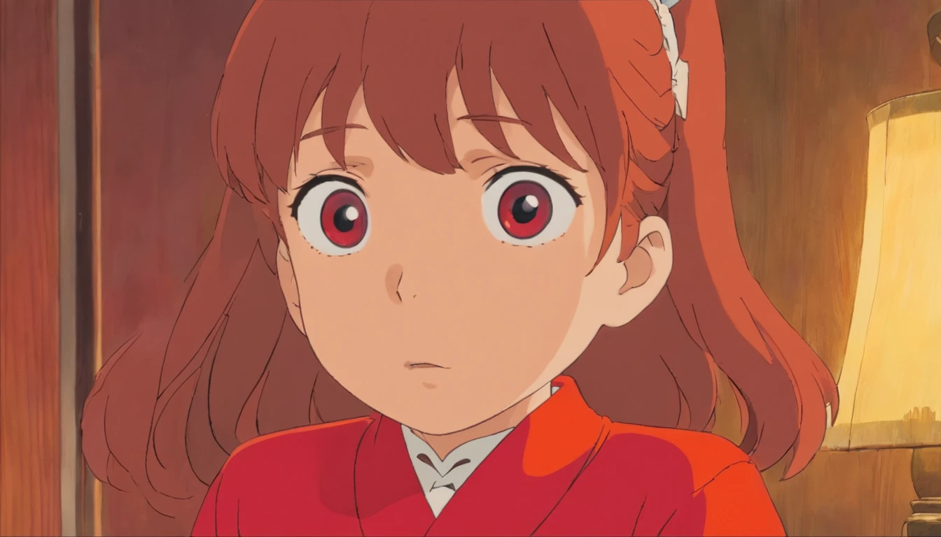 Younger sister,7 years old,Red clothes,talking in bedroom,Close-up,Only the face