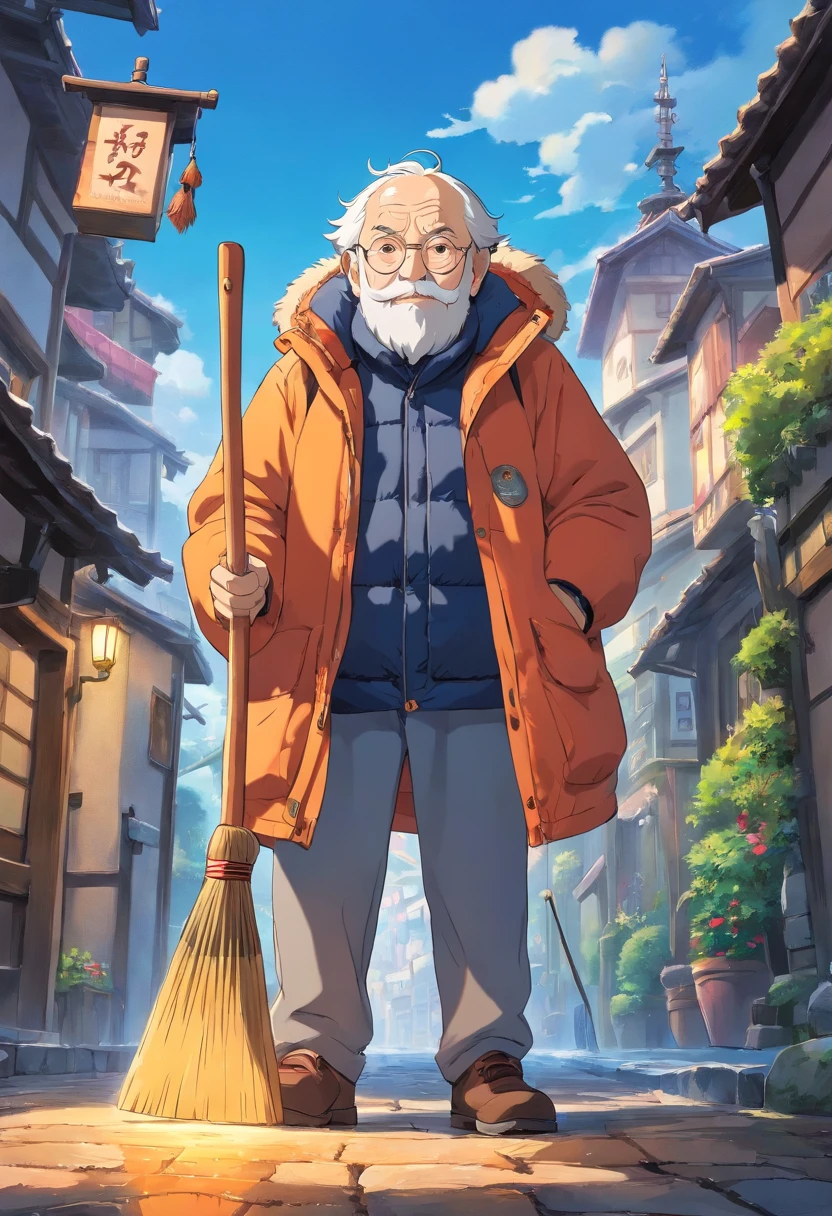 An old man wearing a down jacket holds a broom high
