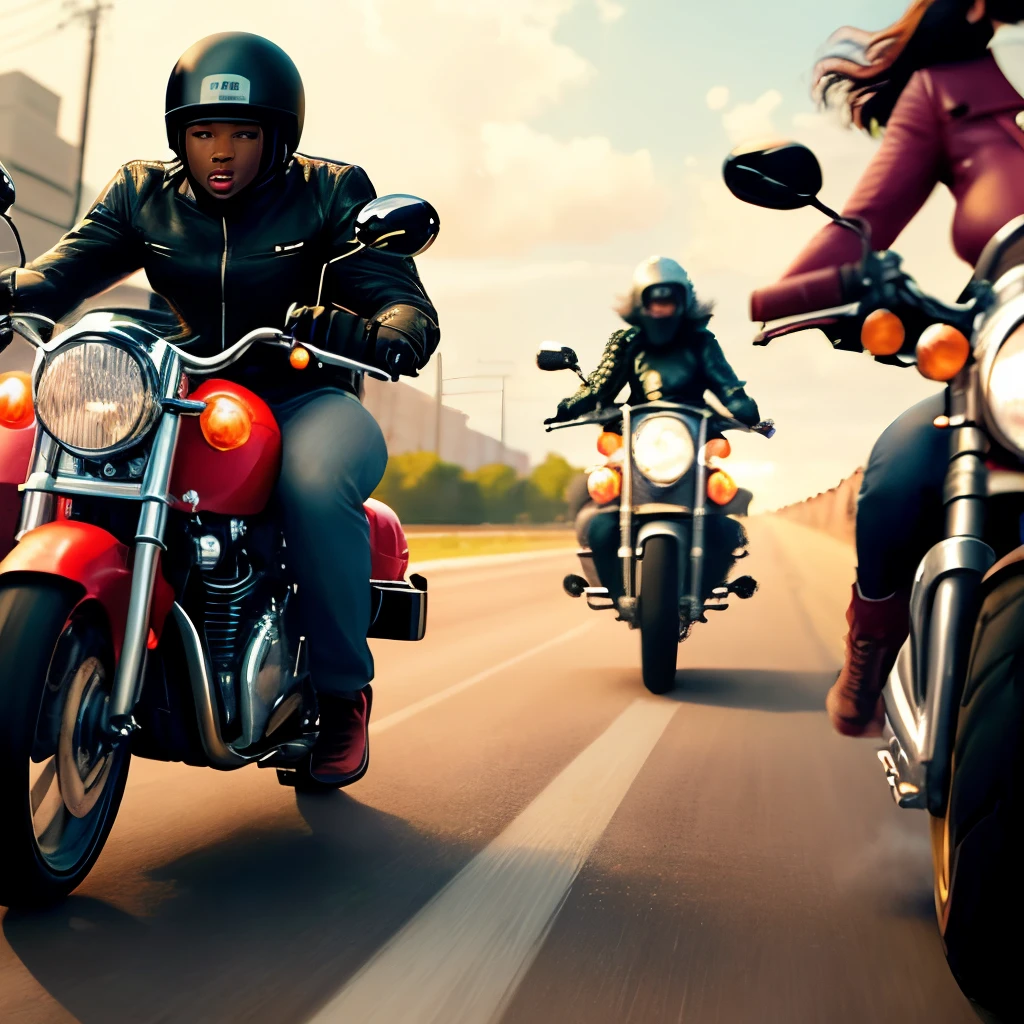 2 black men are fucking on a motorcycle and pigs are running behind them and 2 women are fucking on them