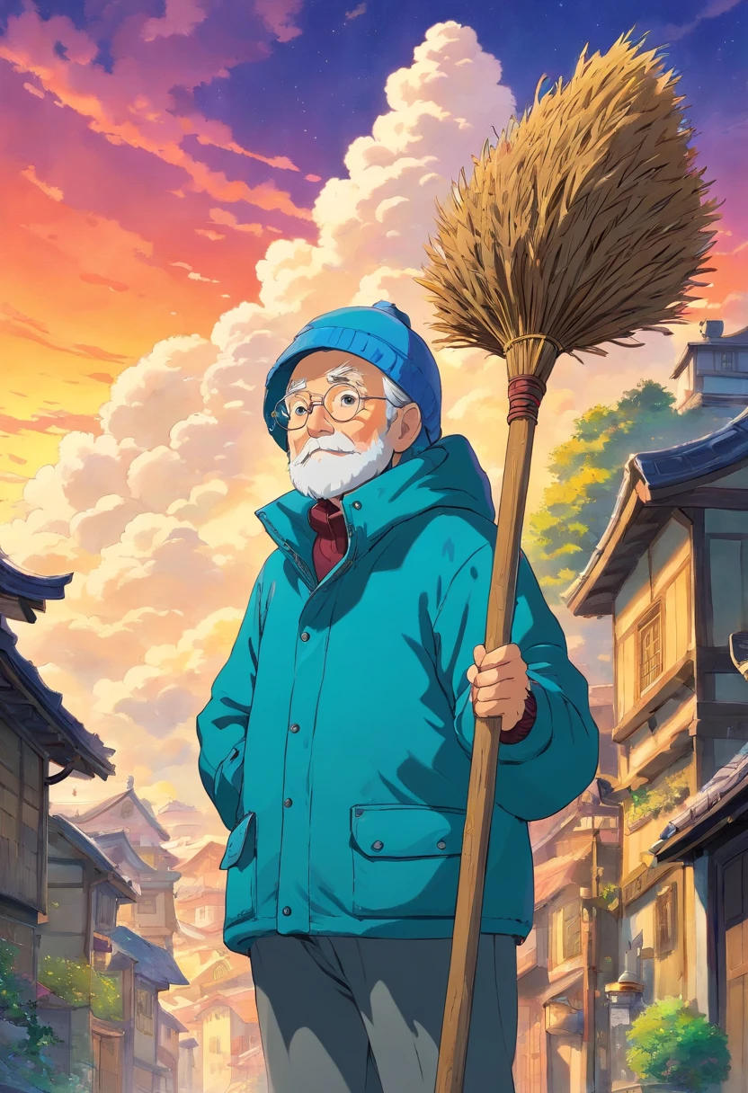 An old man in a down jacket holds a broom above his head
