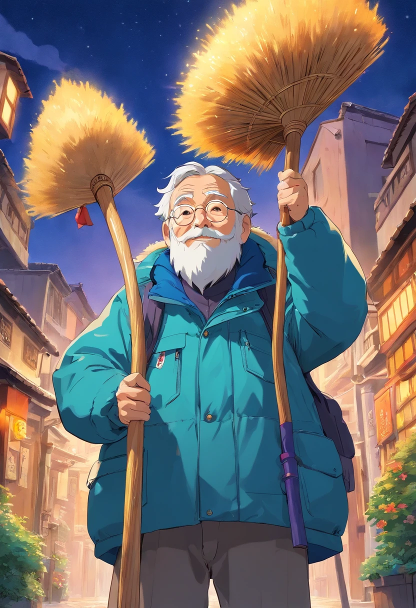 An old man in a down jacket holds a broom above his head