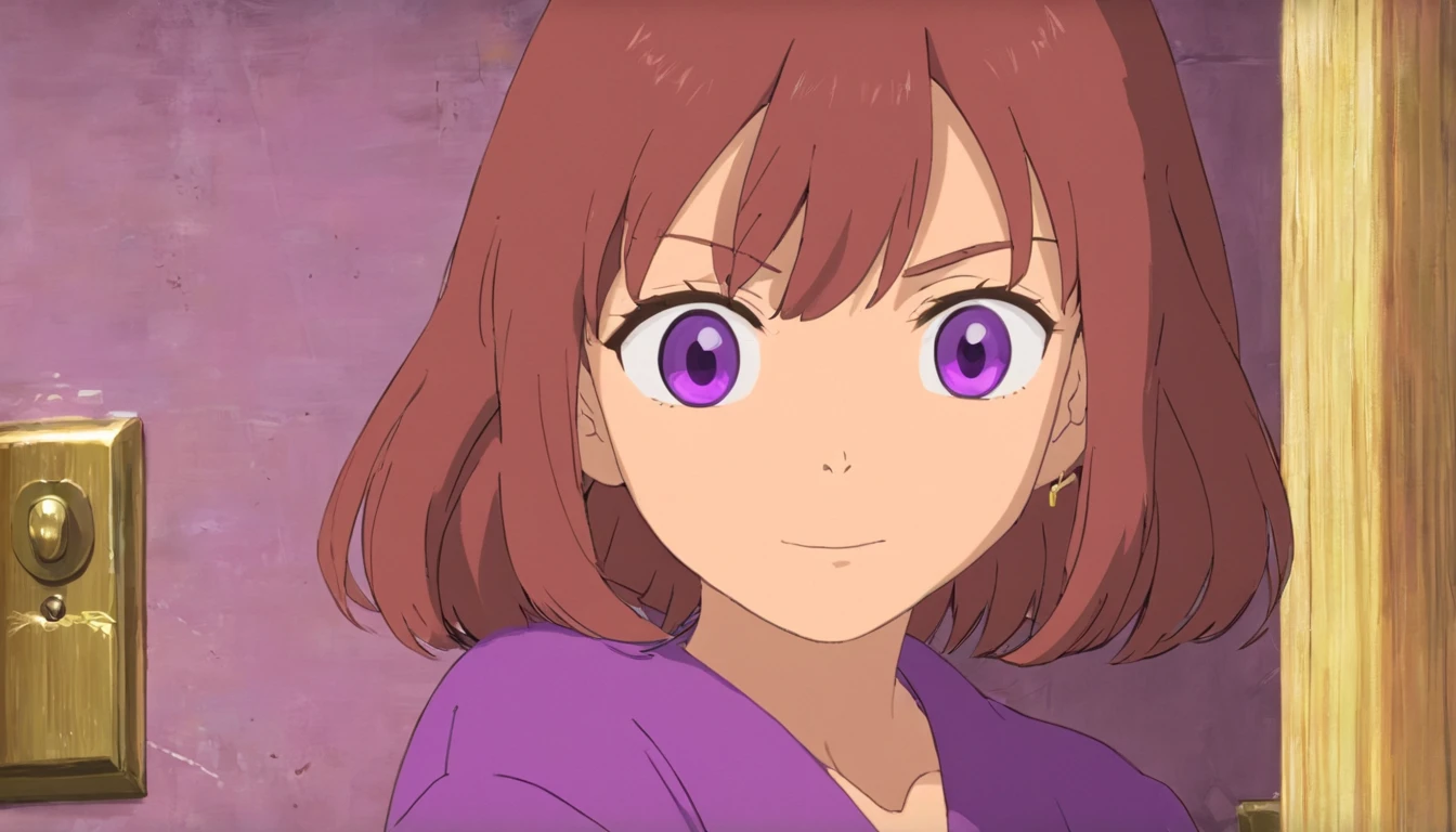 Mom is in the bathroom,aged 40,Purple clothes,to talk,Close-up,Only the face