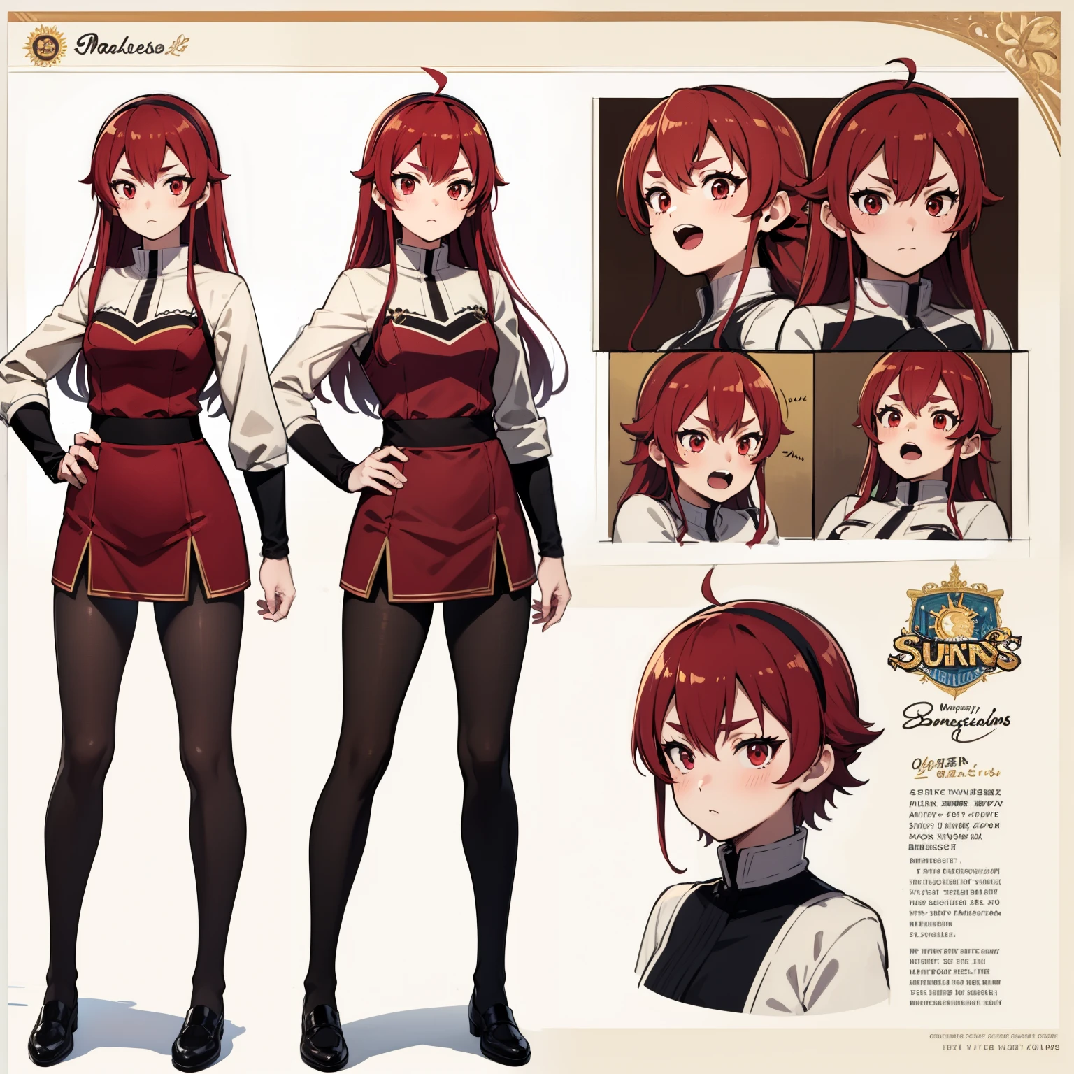 ((Masterpiece, Highest quality)), Detailed face, CharacterDesignSheet，full bodyesbian, Full of details, Multiple poses and expressions, Highly detailed, Depth, beuaty girl，Lace，lacepantyhose, High Balance, suns，Natural light，White and gold，armor, long straight red hair, red eyes,