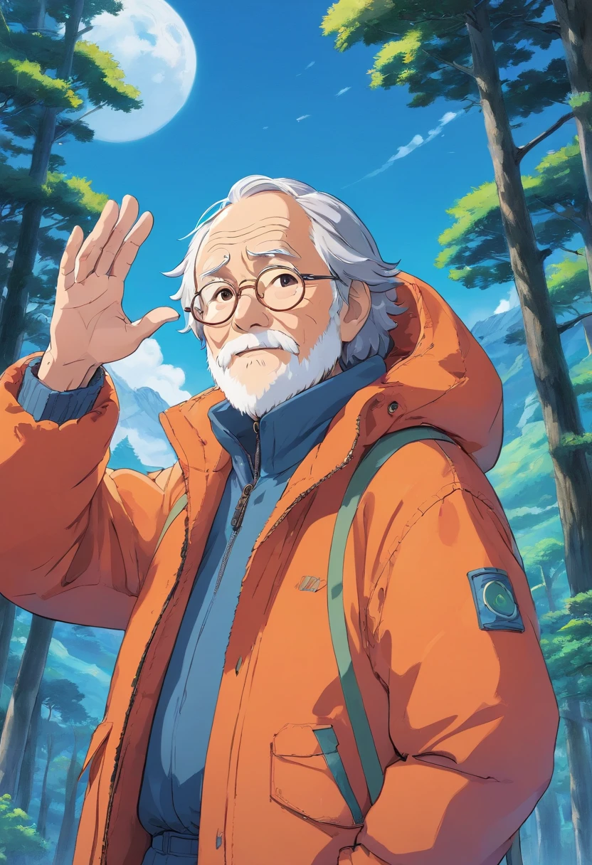 An old man wearing a down jacket raised his hand