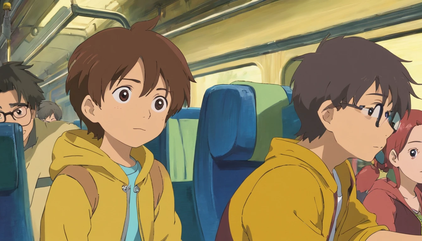 Brother，boy，12year old，yellow clothing，Inside the train，he is on the seat，Close-up，Only the face