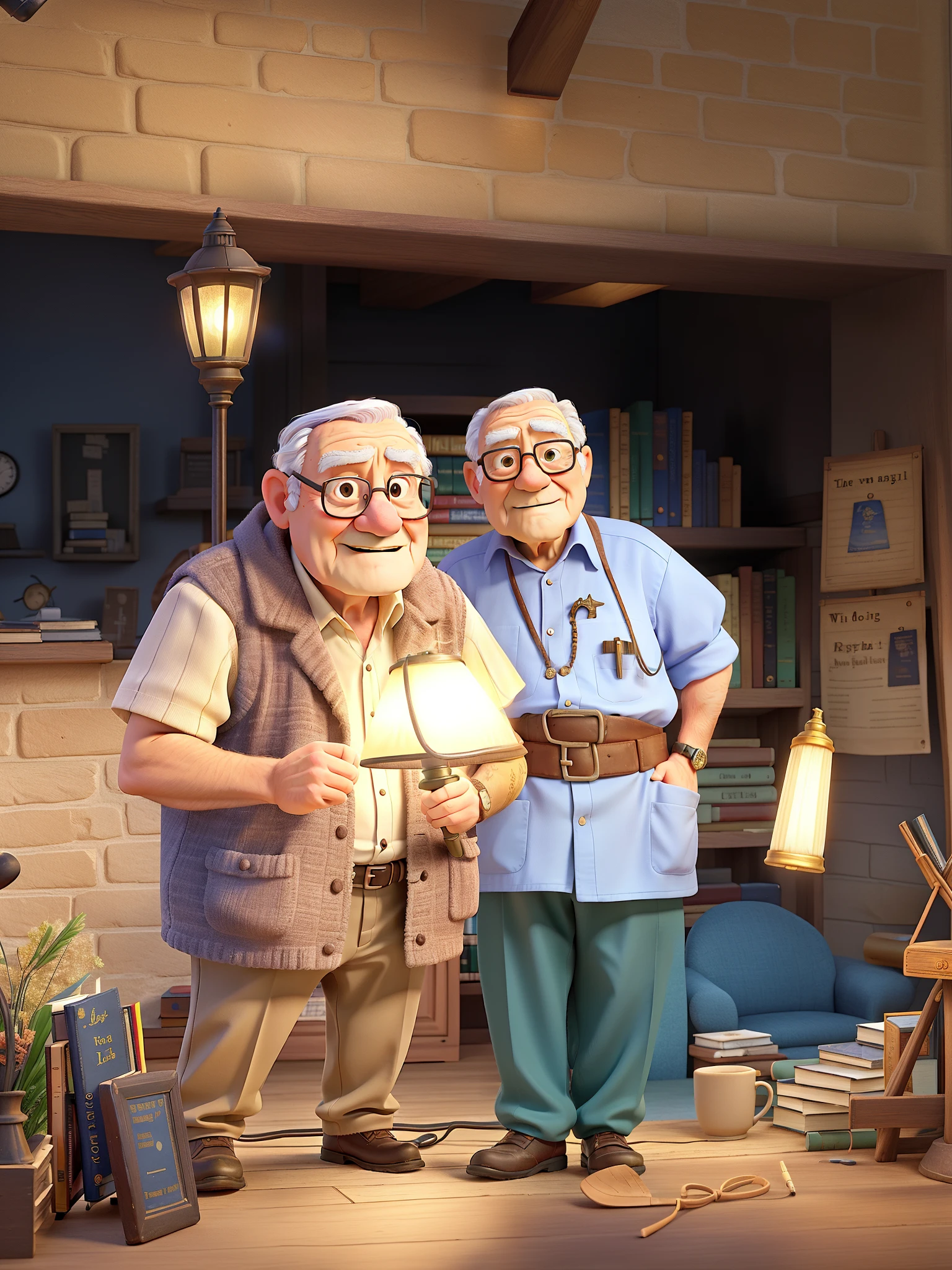 A wise old man standing in front, illuminated by the light of a lamp, against the backdrop of a library