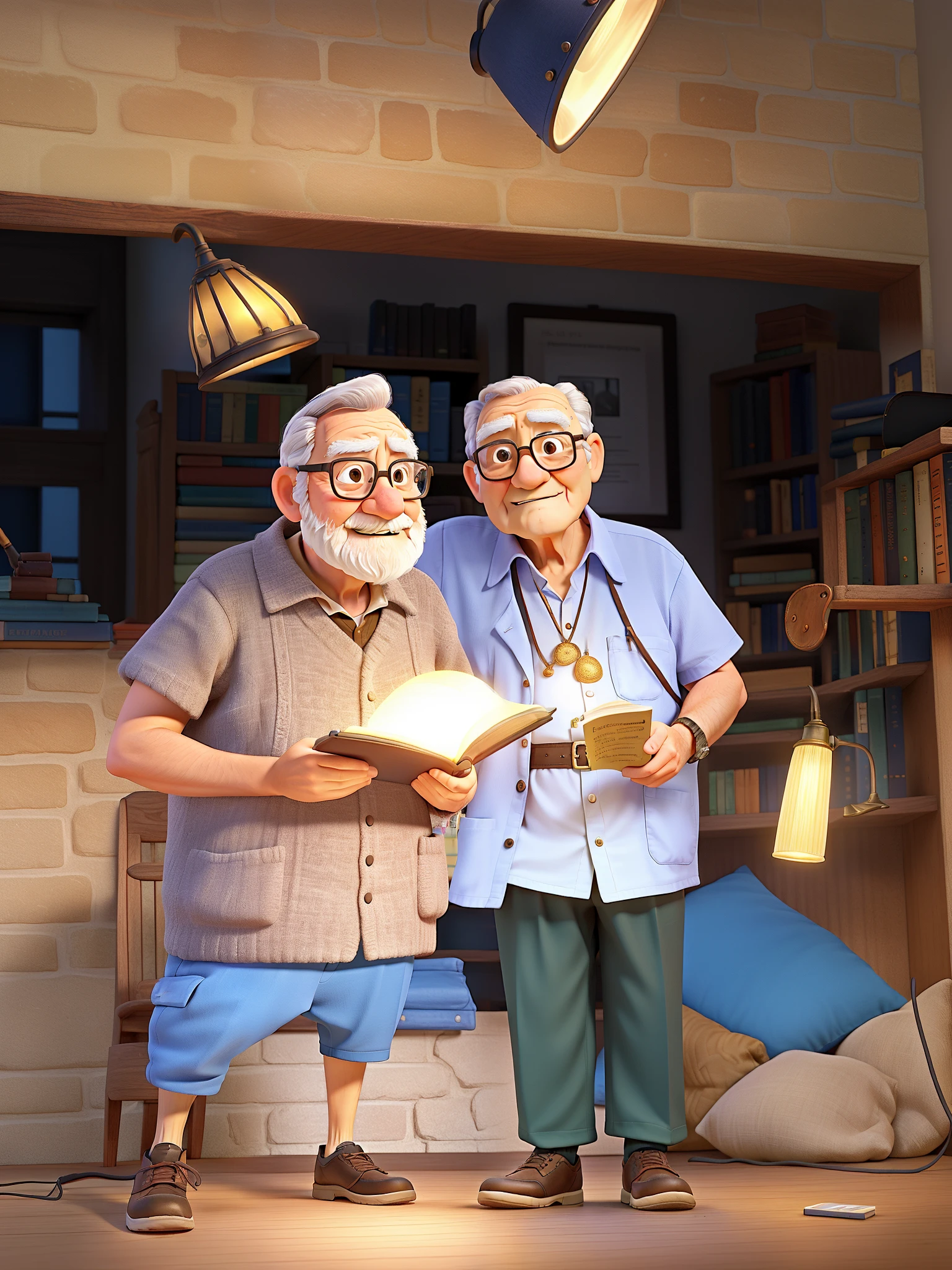 A wise old man standing in front, illuminated by the light of a lamp, against the backdrop of a library